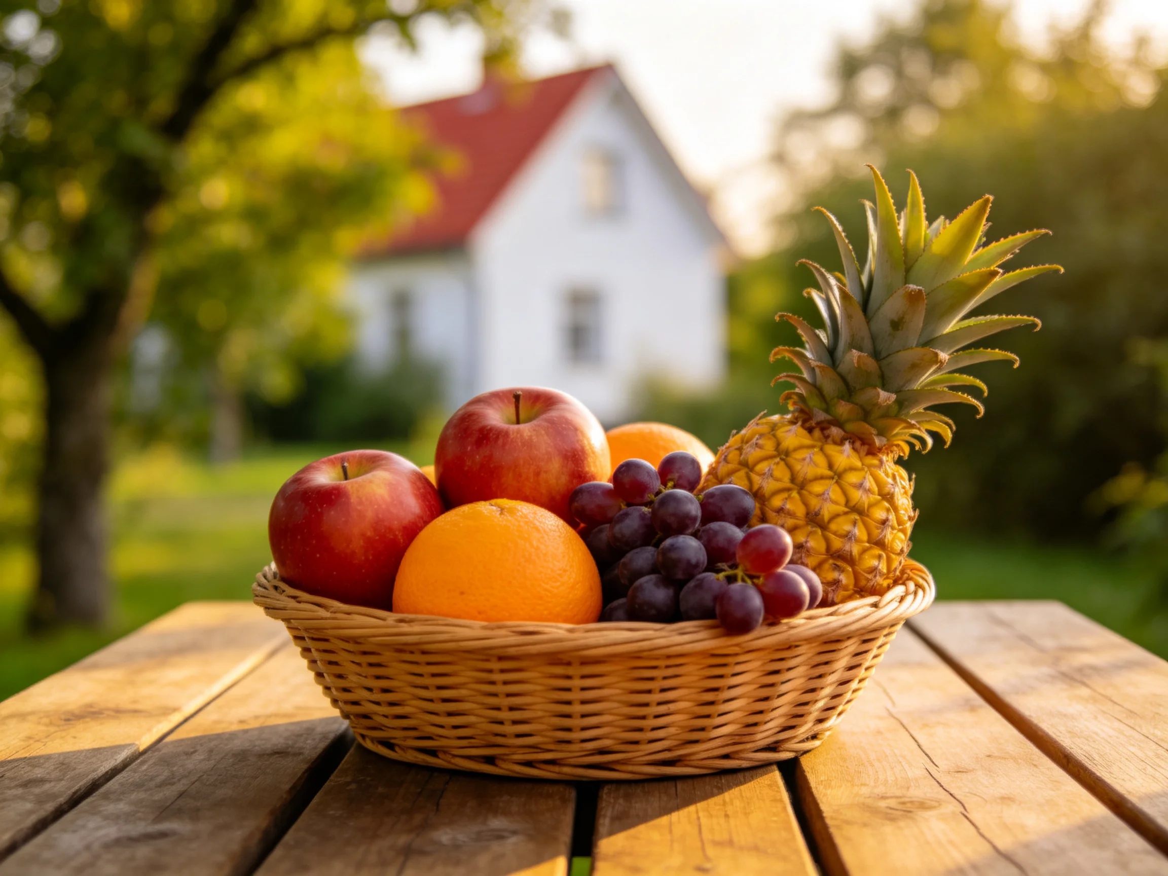A wicker basket holds colorful fruits near a white house