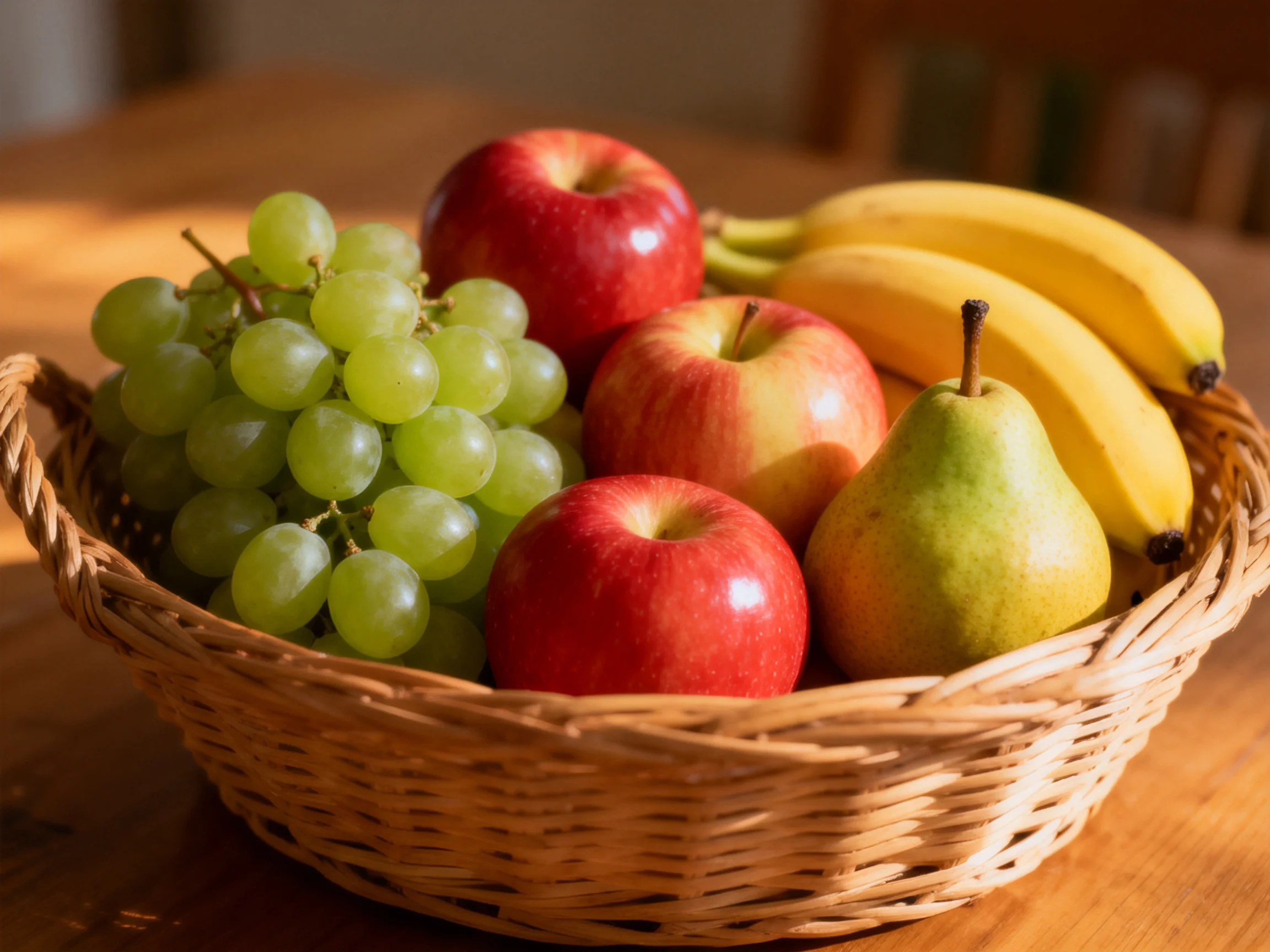 A wicker basket holds green grapes, red apples, yellow bananas, and a pear