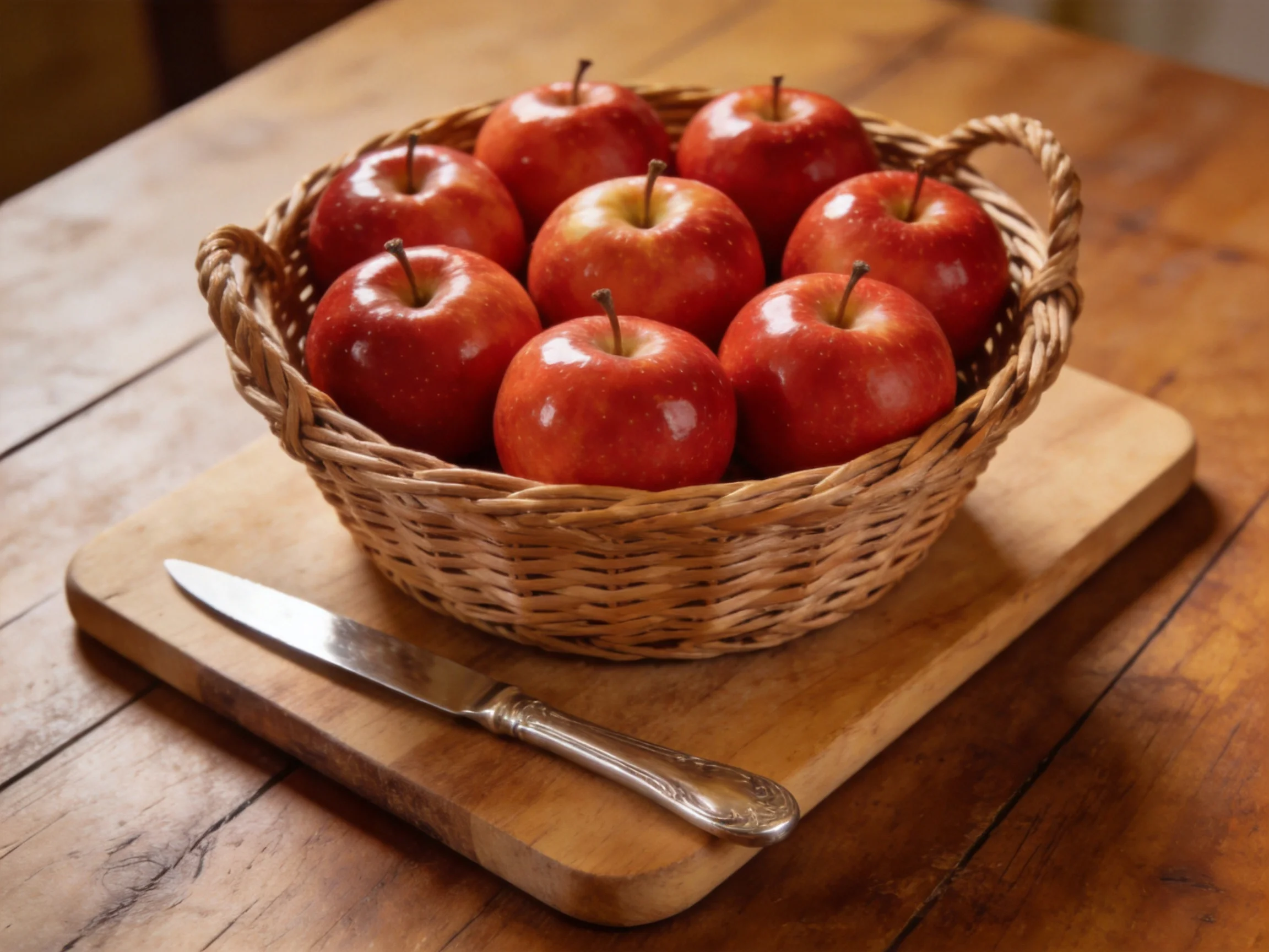 A wicker basket holds nine vibrant red apples on a wooden surface