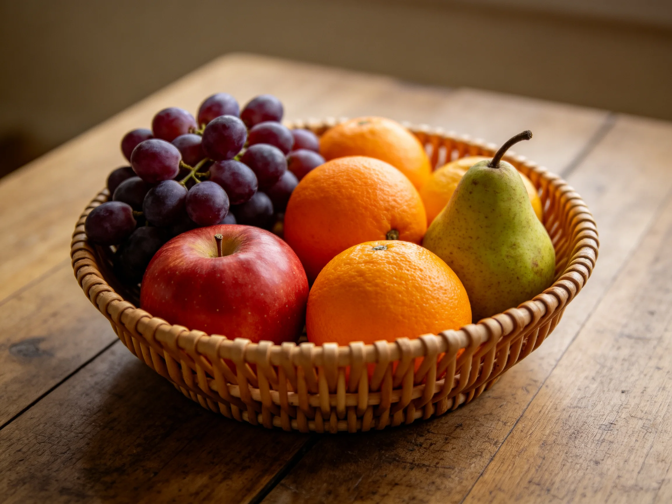 A wicker basket holds purple grapes, red apple, orange oranges, and green pear