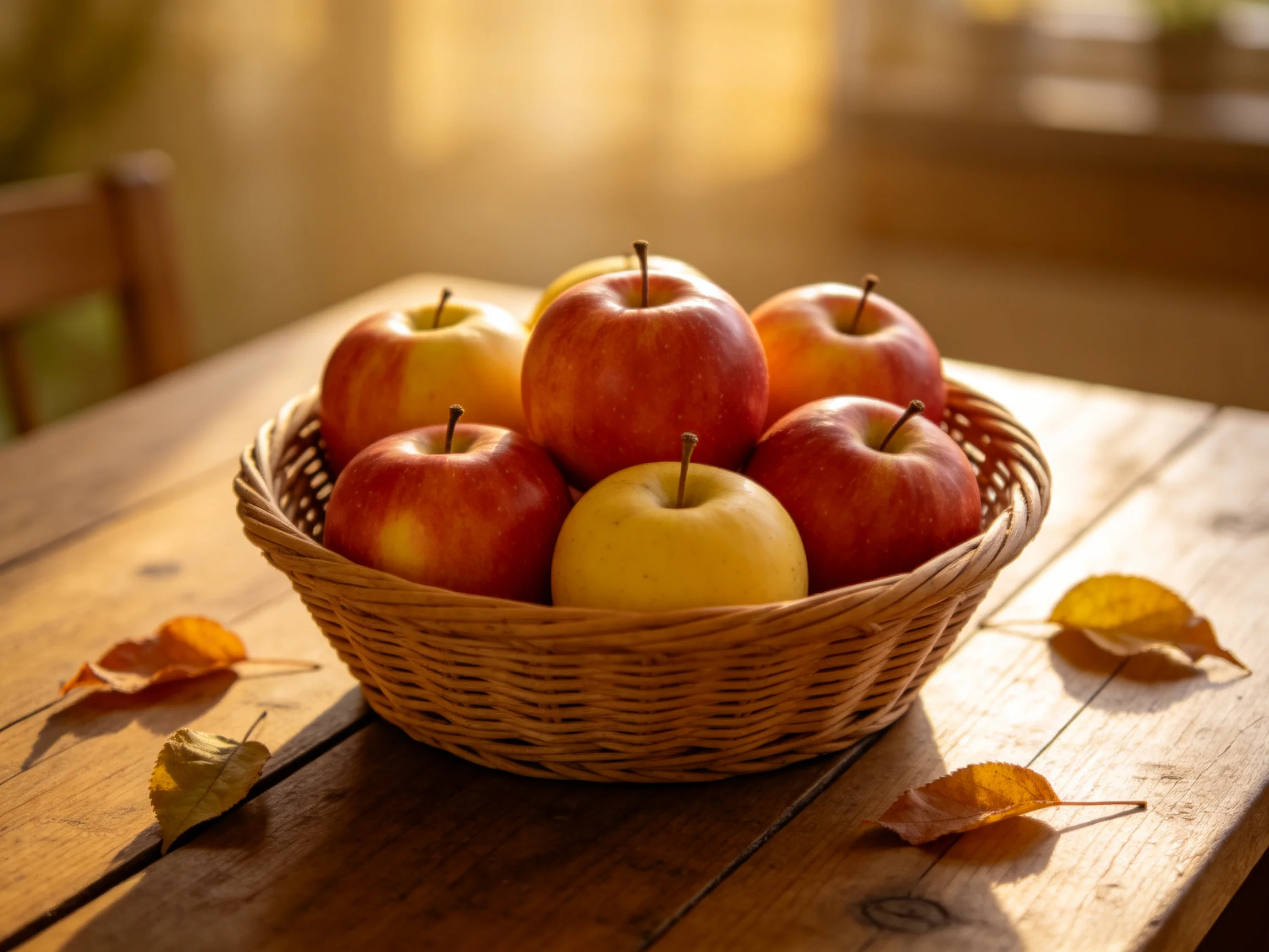 A wicker basket holds red and yellow apples on a wooden table