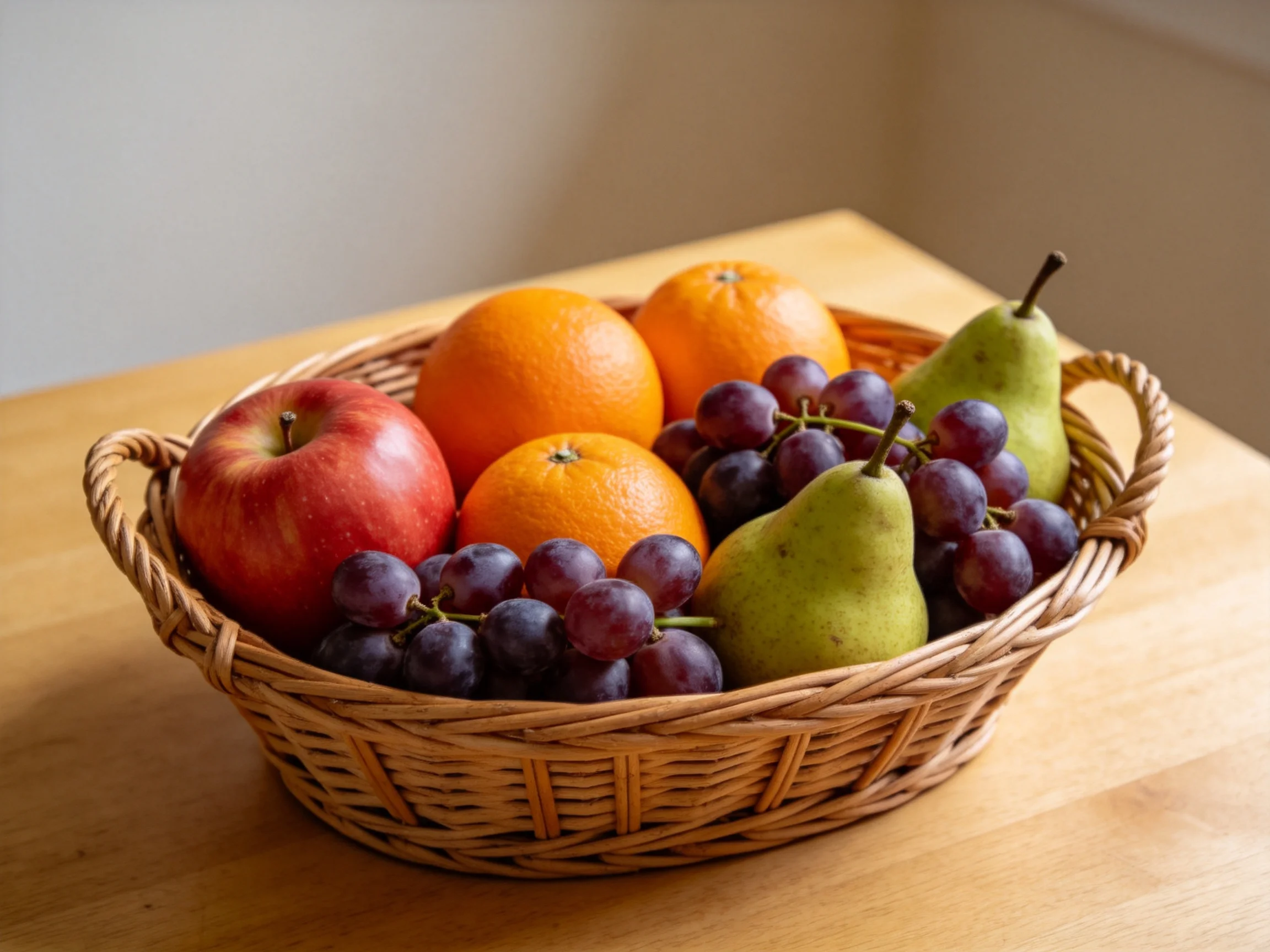 A wicker basket holds red apple, oranges, pears, and grapes