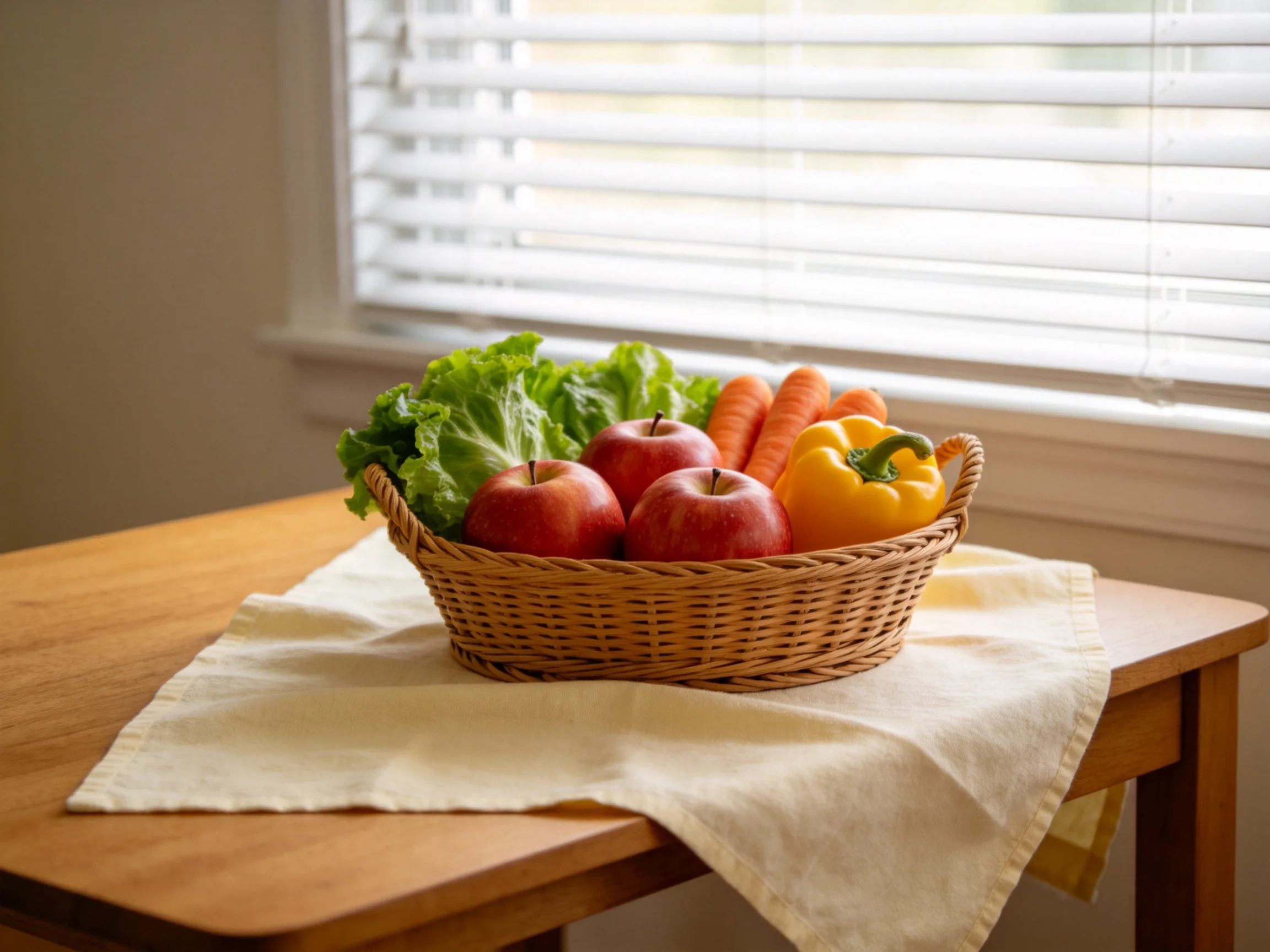 A wicker basket holds red apples, green lettuce, orange carrots, and yellow pepper on a wooden table