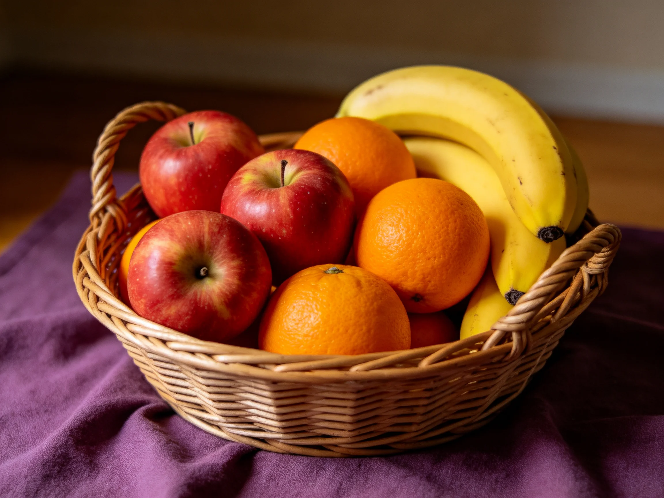 A wicker basket holds red apples, orange oranges, and yellow bananas
