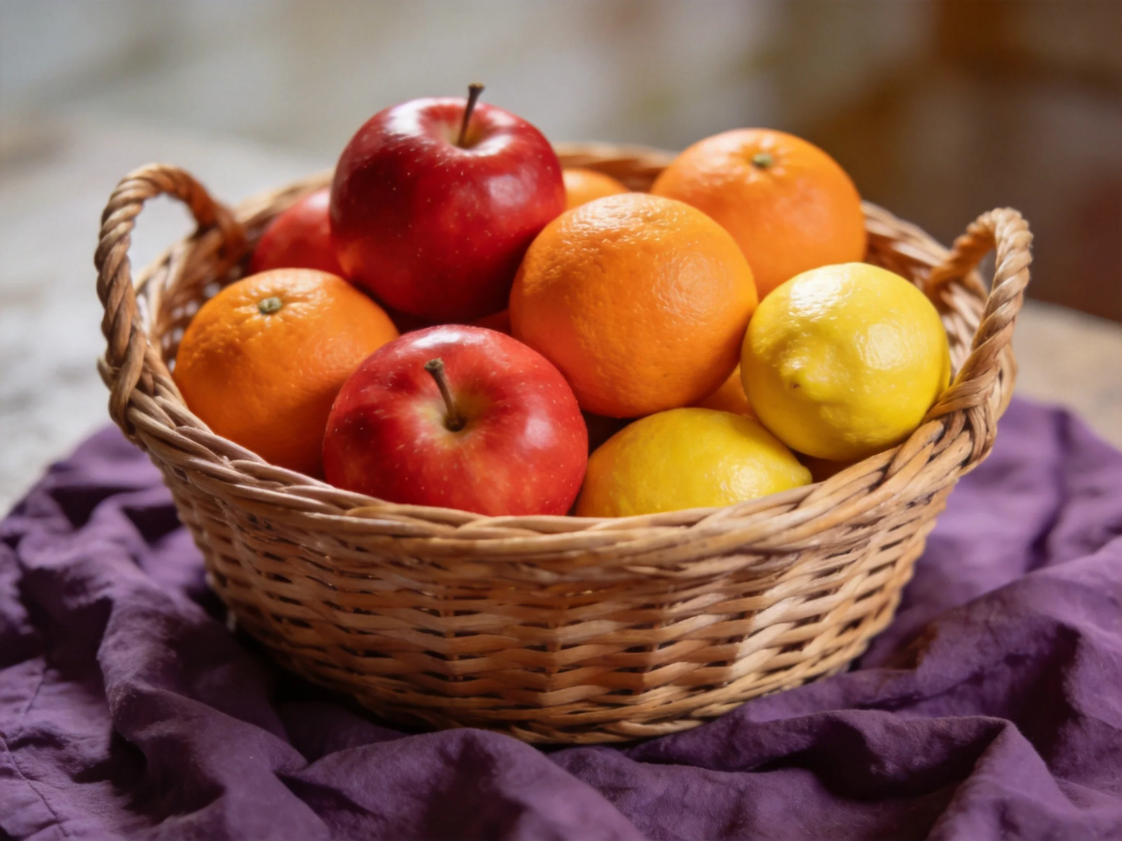 A wicker basket holds red apples, orange oranges, and yellow lemons