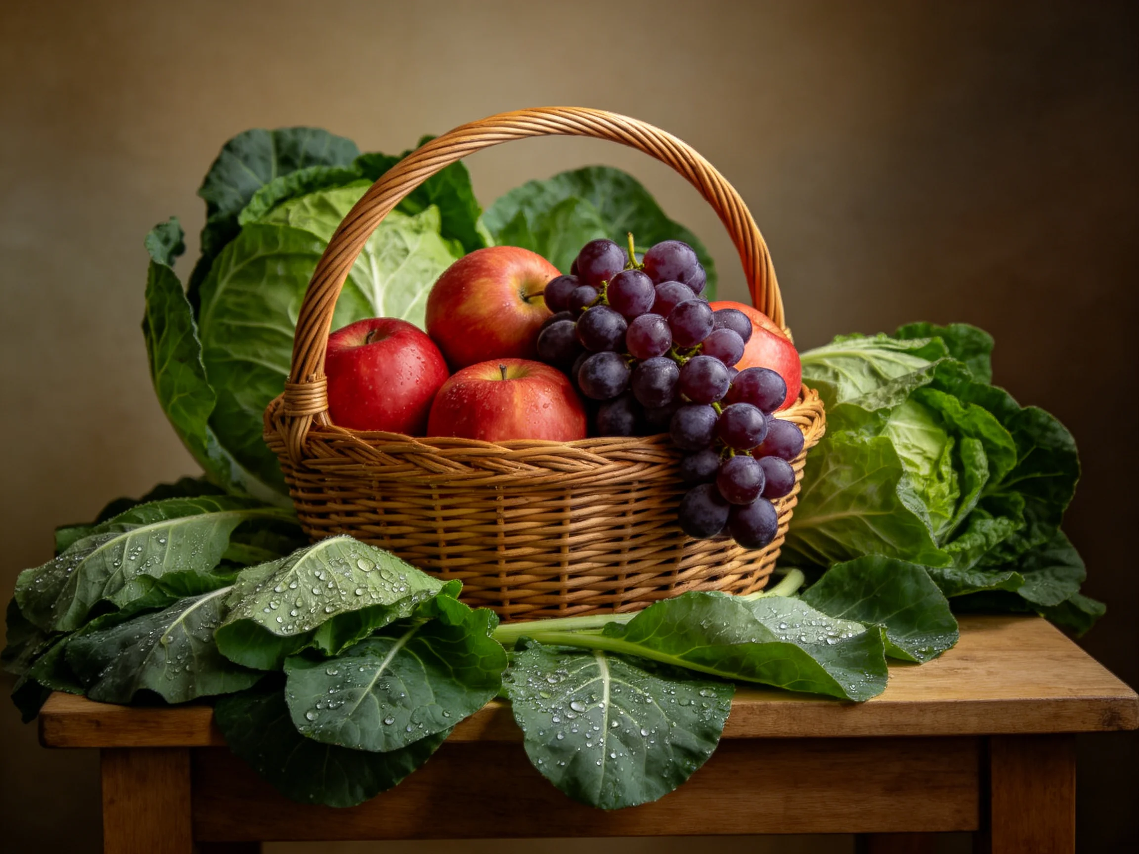 A wicker basket holds red apples, purple grapes, and green leafy vegetables