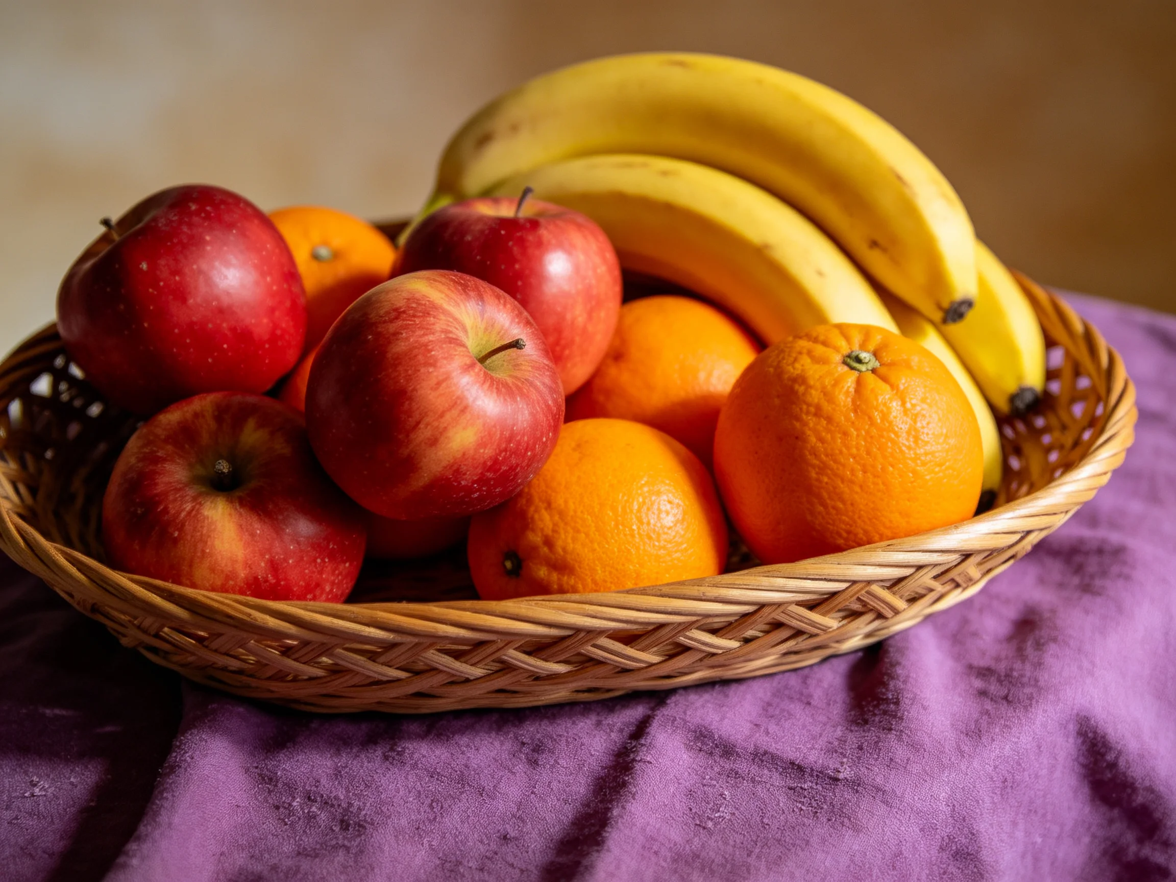 A wicker basket holds red apples, yellow bananas, and orange oranges on a purple cloth