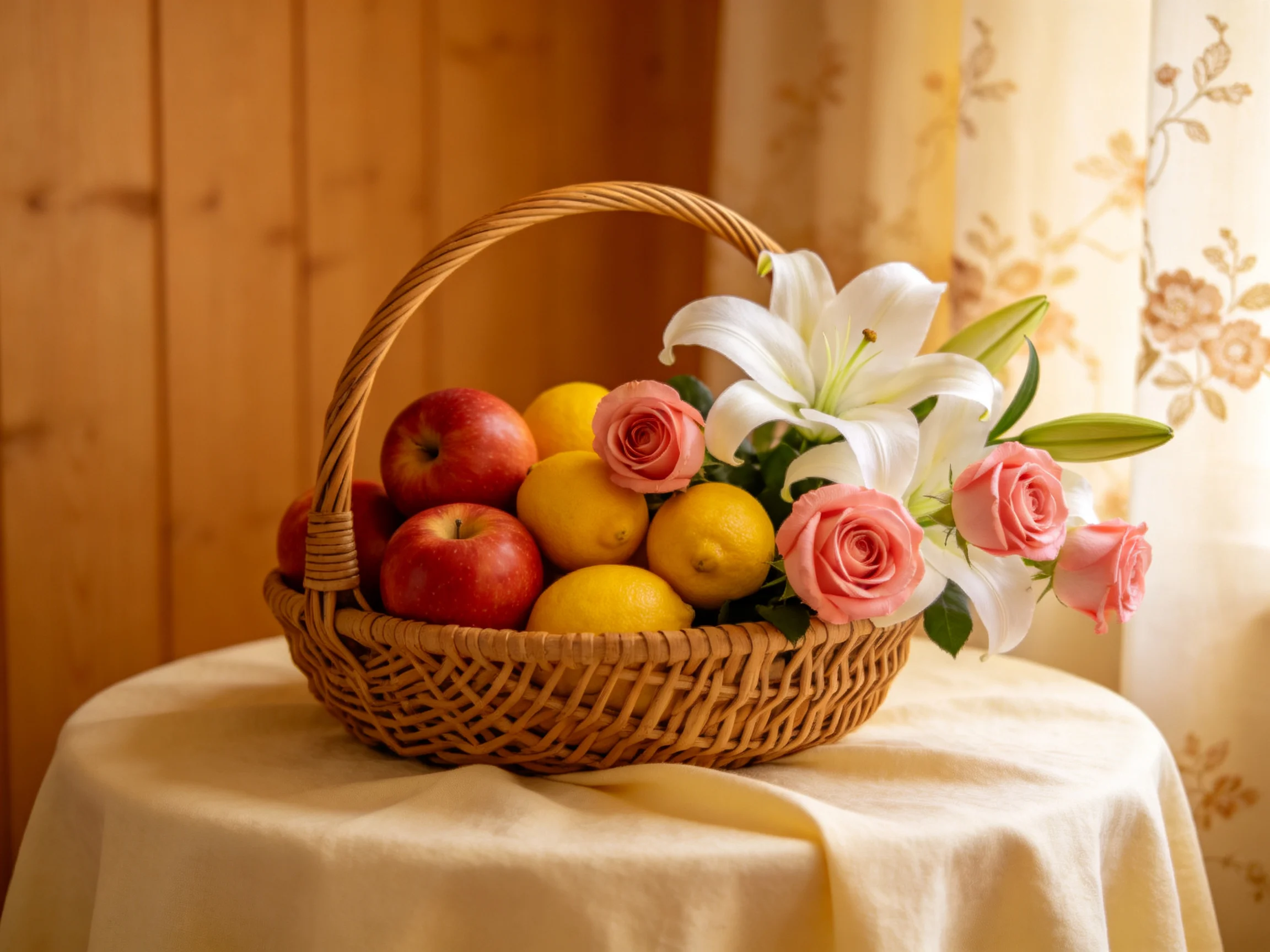 A wicker basket holds red apples, yellow lemons, pink roses, and white lilies