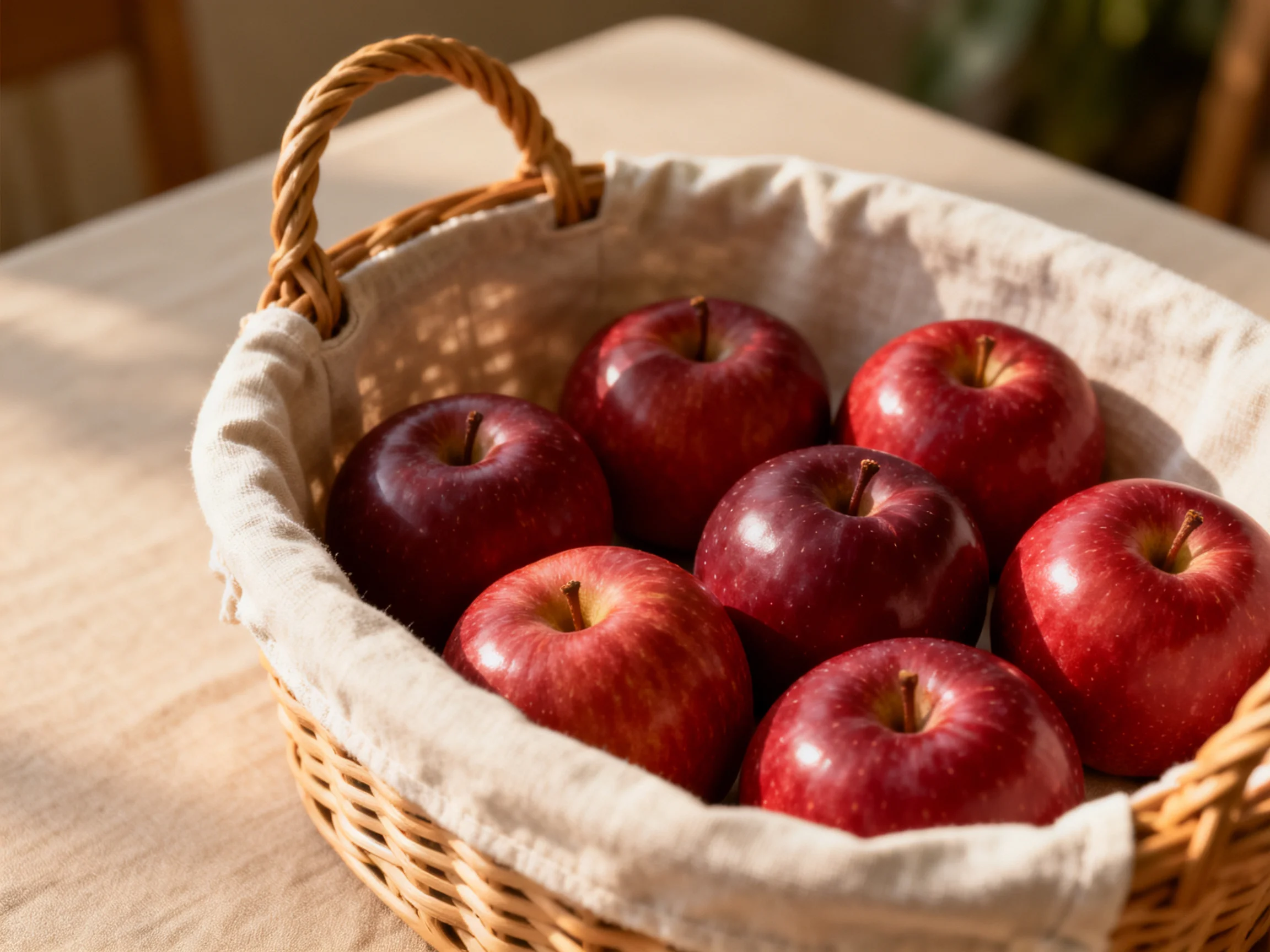 A wicker basket holds seven vibrant red apples with a cloth lining