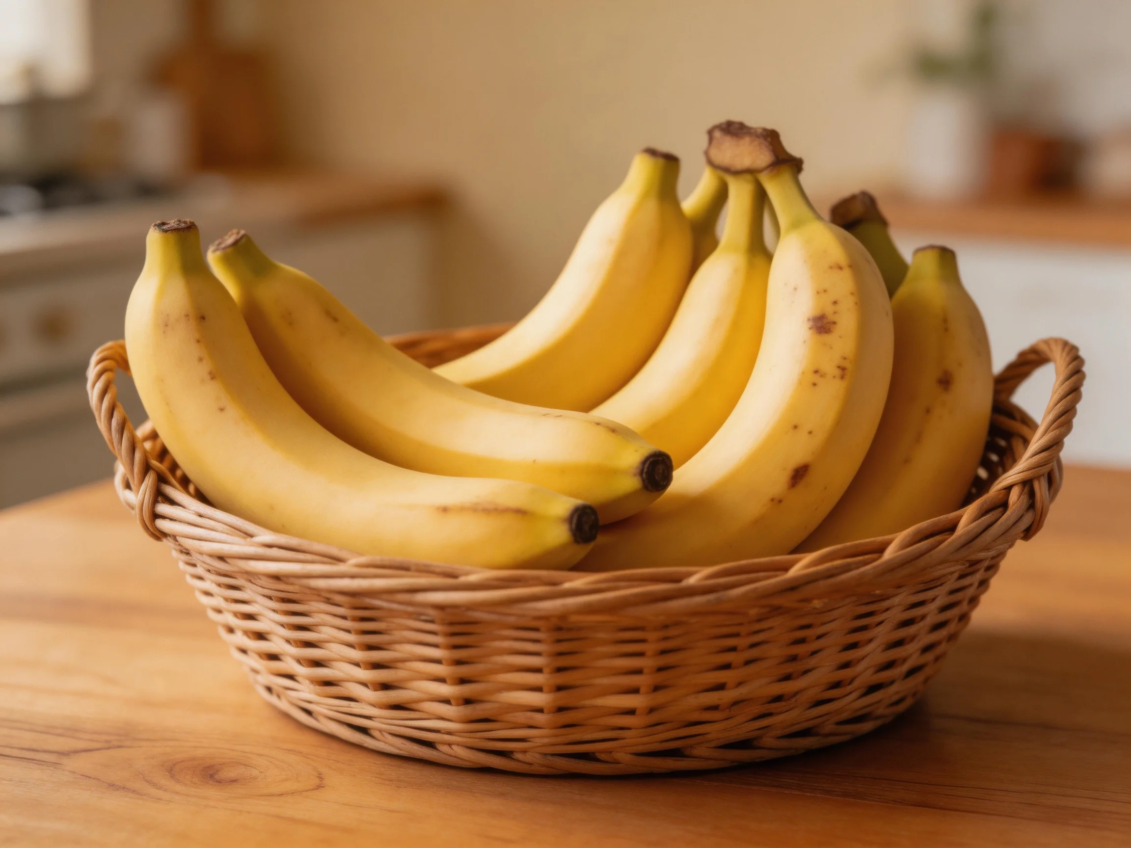 A wicker basket holds several bright yellow bananas on a wooden table