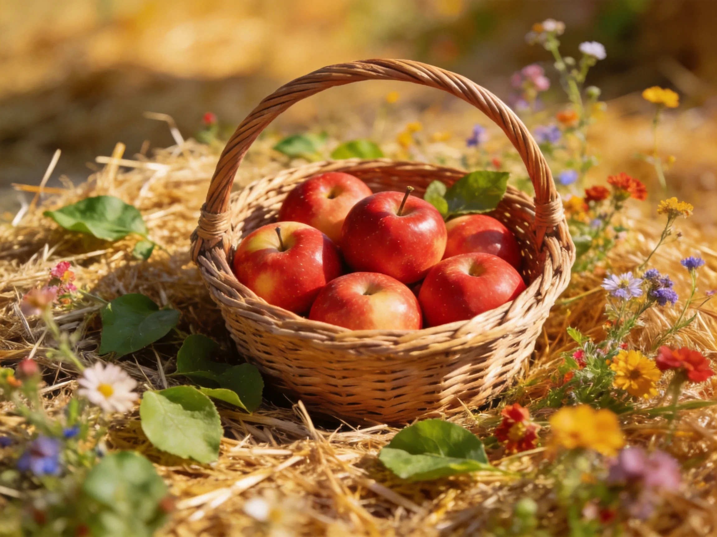 A wicker basket holds six red apples amid golden straw and colorful wildflowers