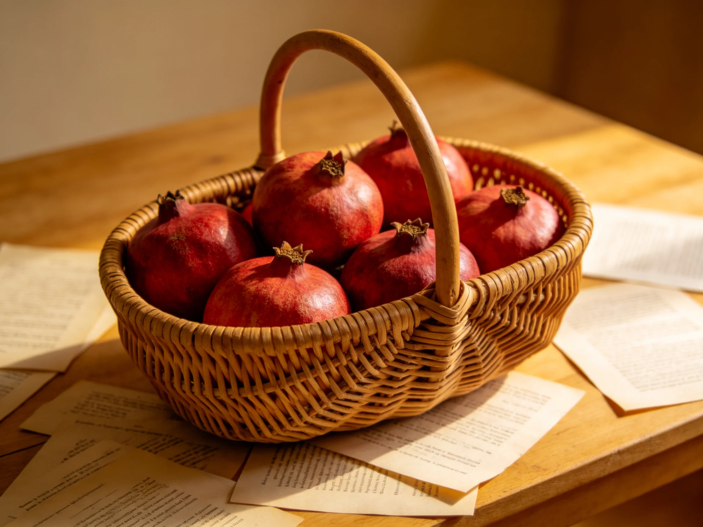 A wicker basket holds six red pomegranates near scattered papers