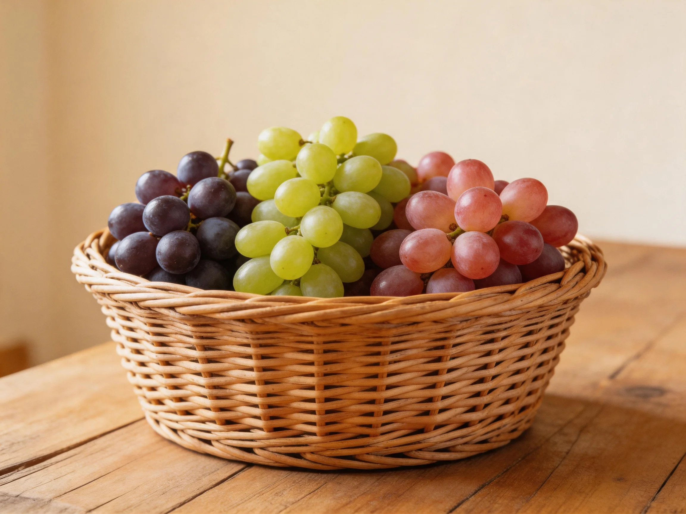 A wicker basket holds three bunches of purple, green, and pink grapes