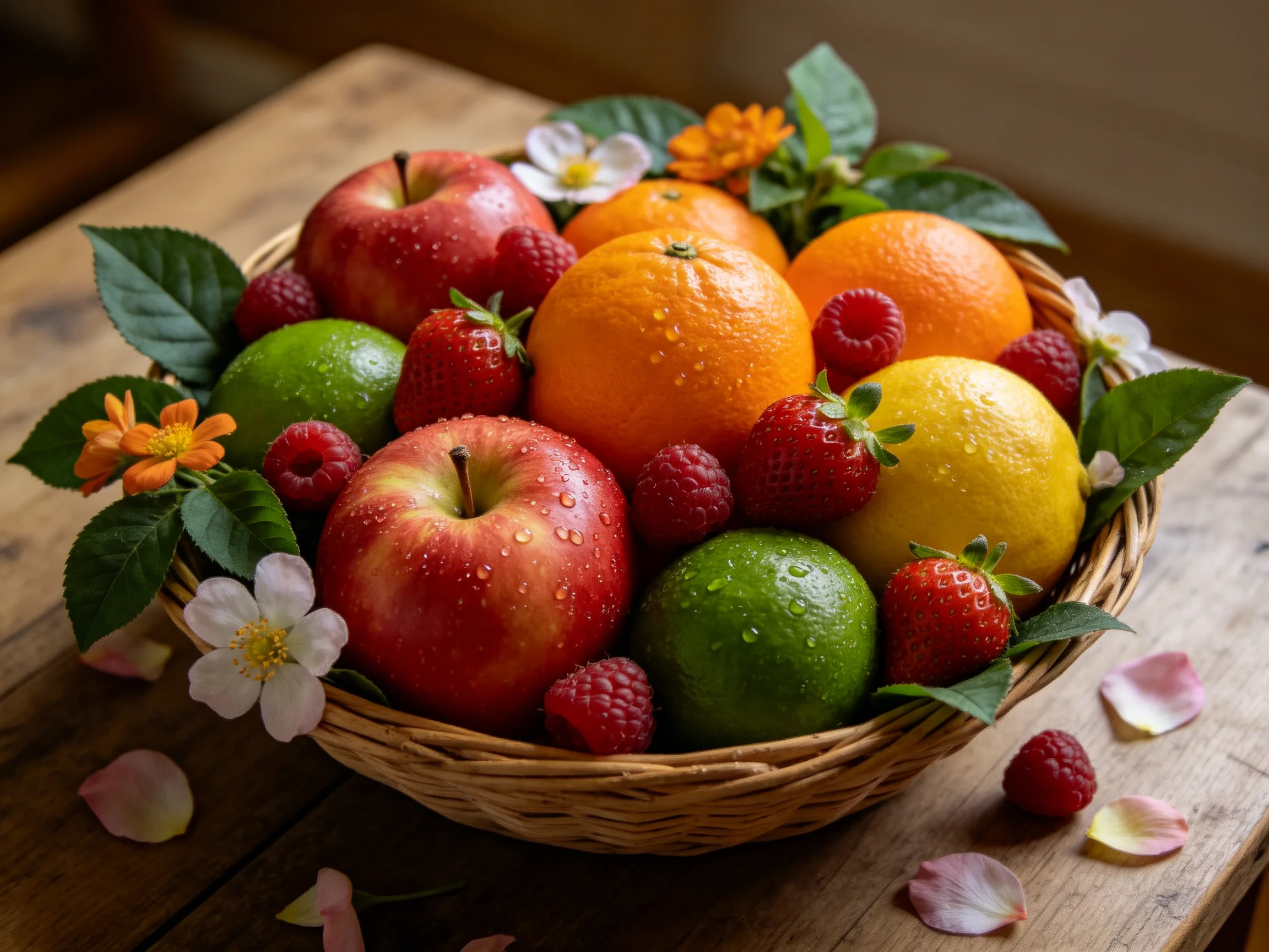 A wicker basket holds vibrant fruits and decorative flowers