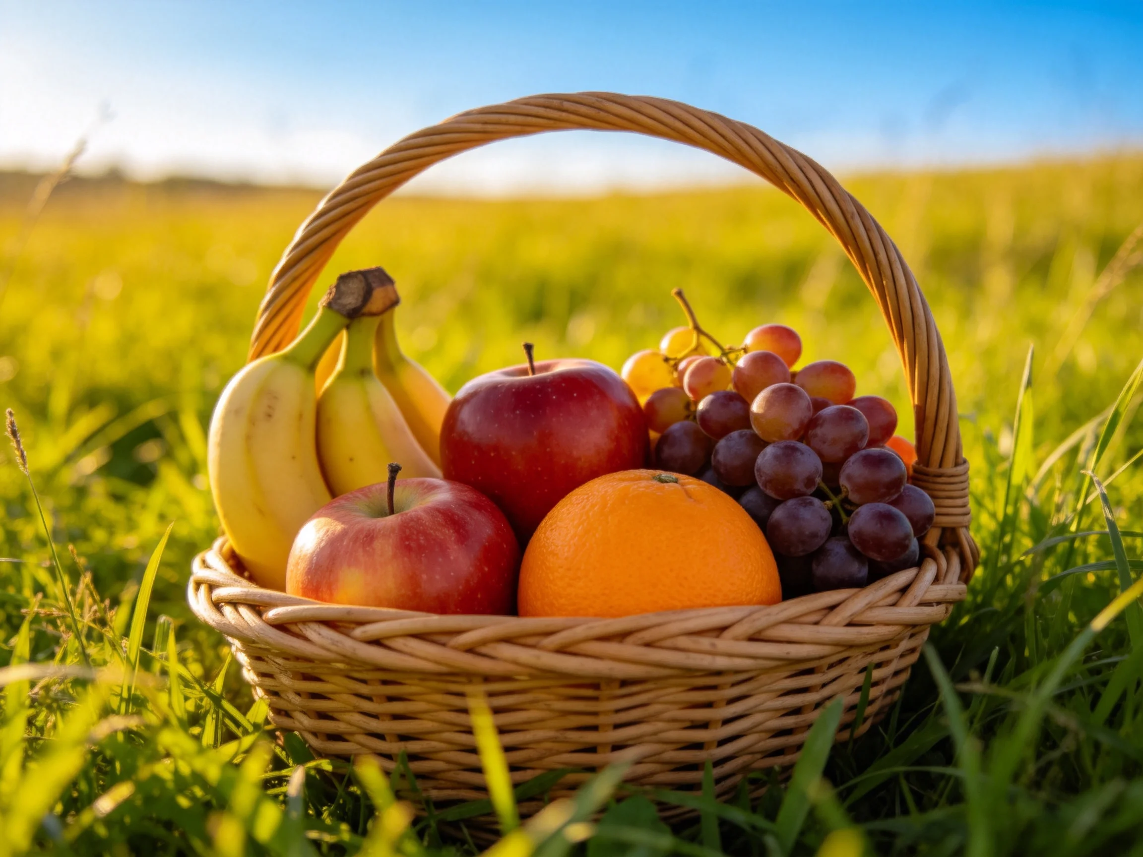 A wicker basket holds vibrant fruits in a sunlit meadow