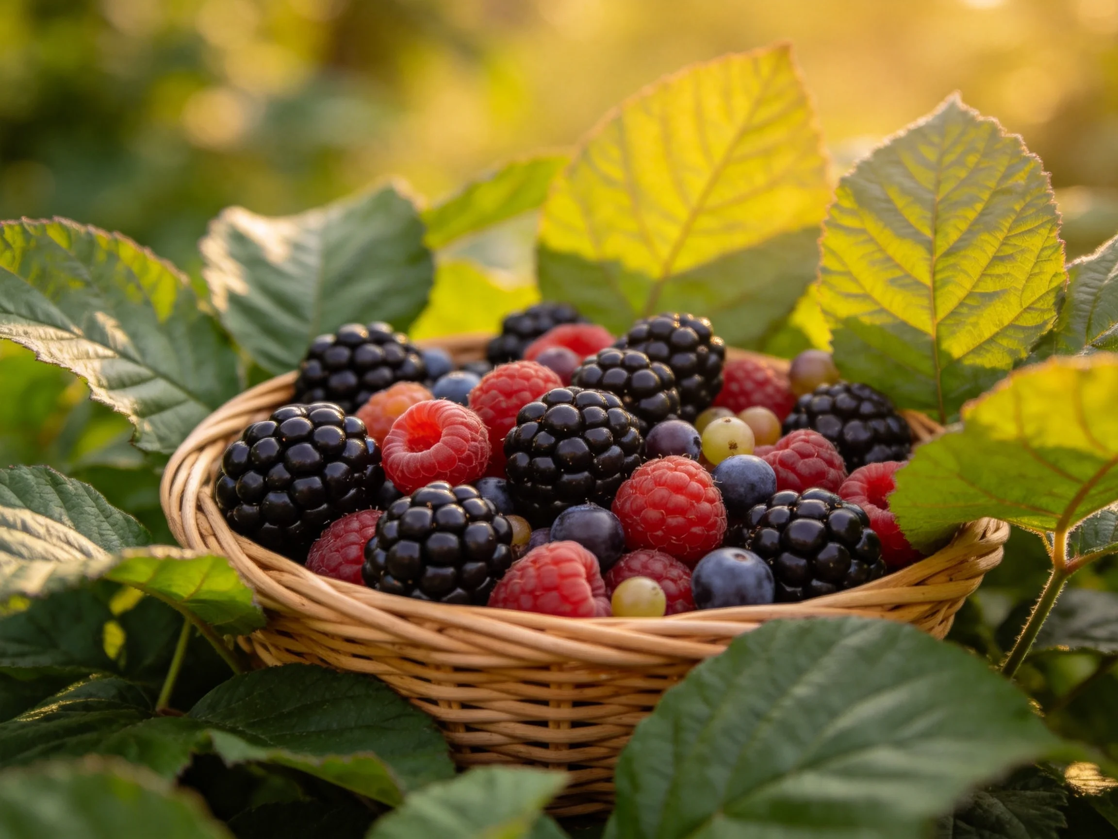 A wicker basket holds vibrant mixed berries amid lush green foliage