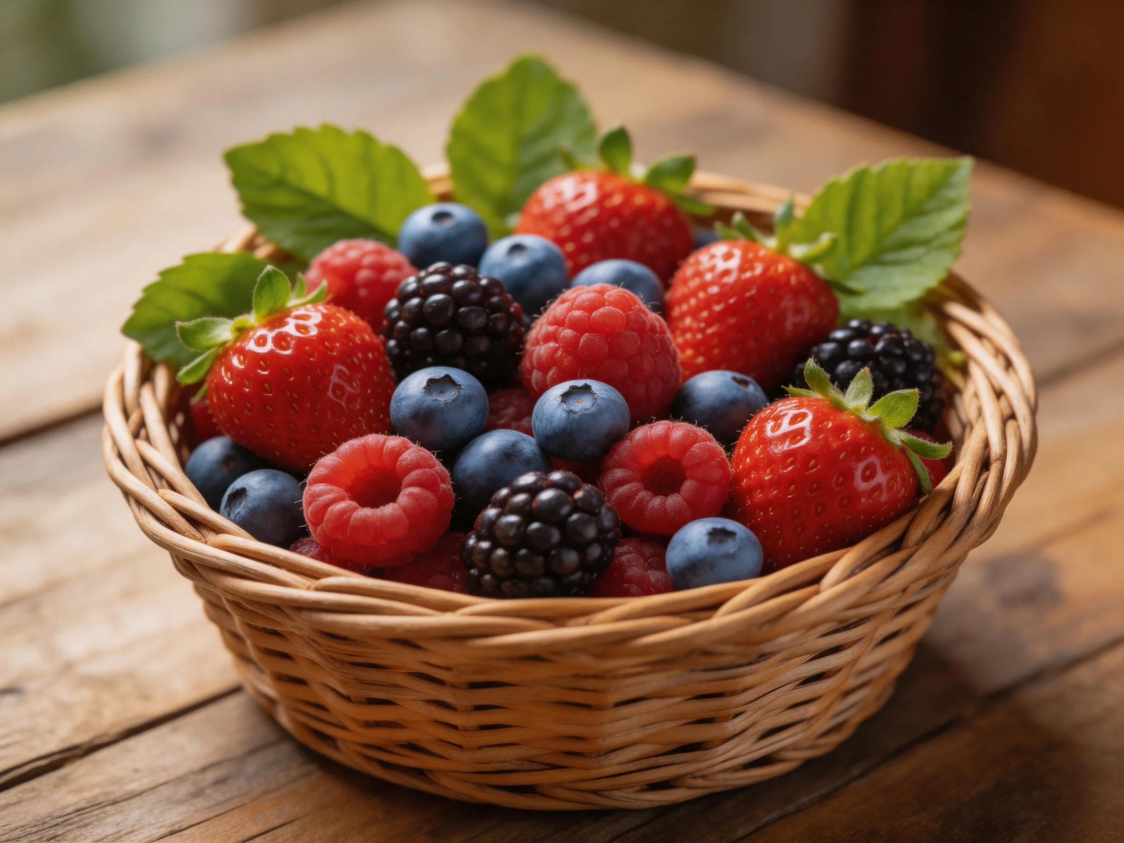 A wicker basket holds vibrant mixed berries with green mint leaves