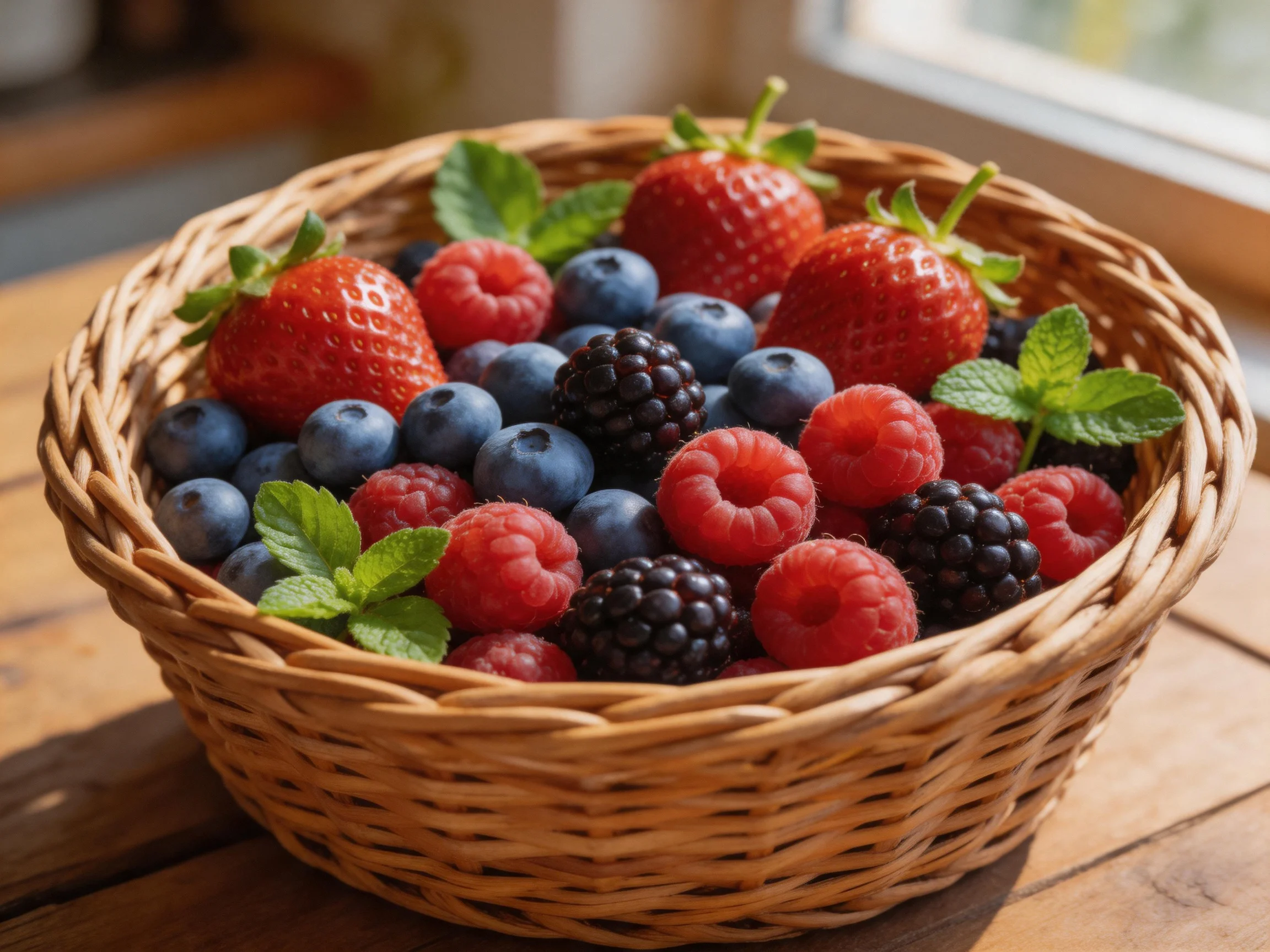 A wicker basket holds vibrant mixed berries with mint
