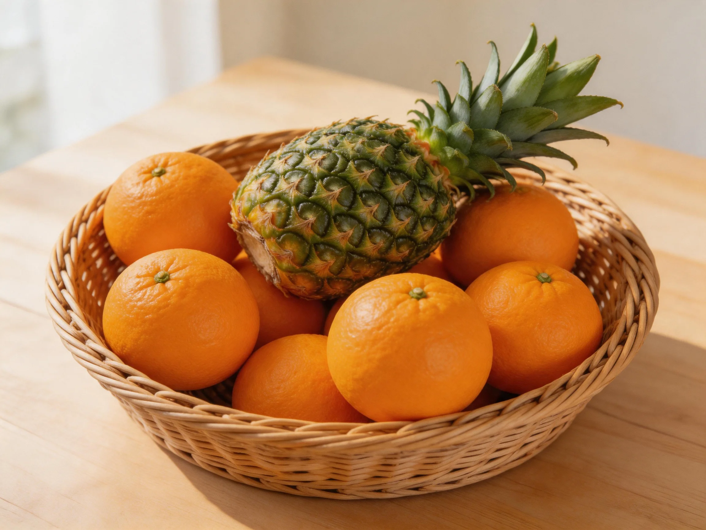 A wicker basket holds vibrant oranges and a pineapple