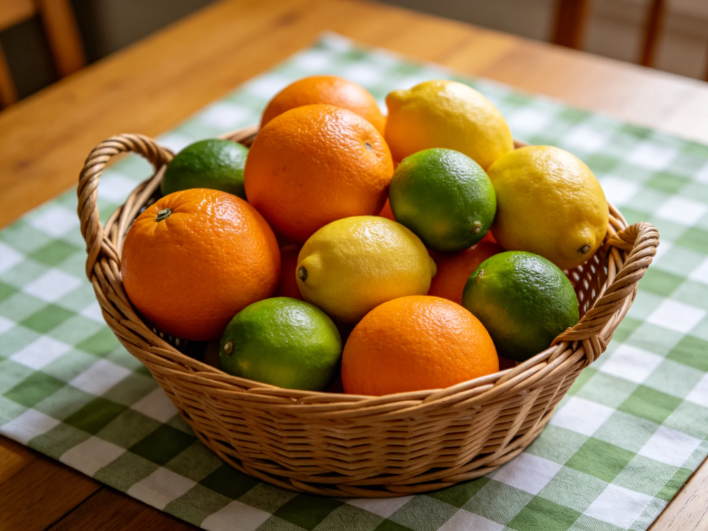 A wicker basket holds vibrant oranges, lemons, and limes