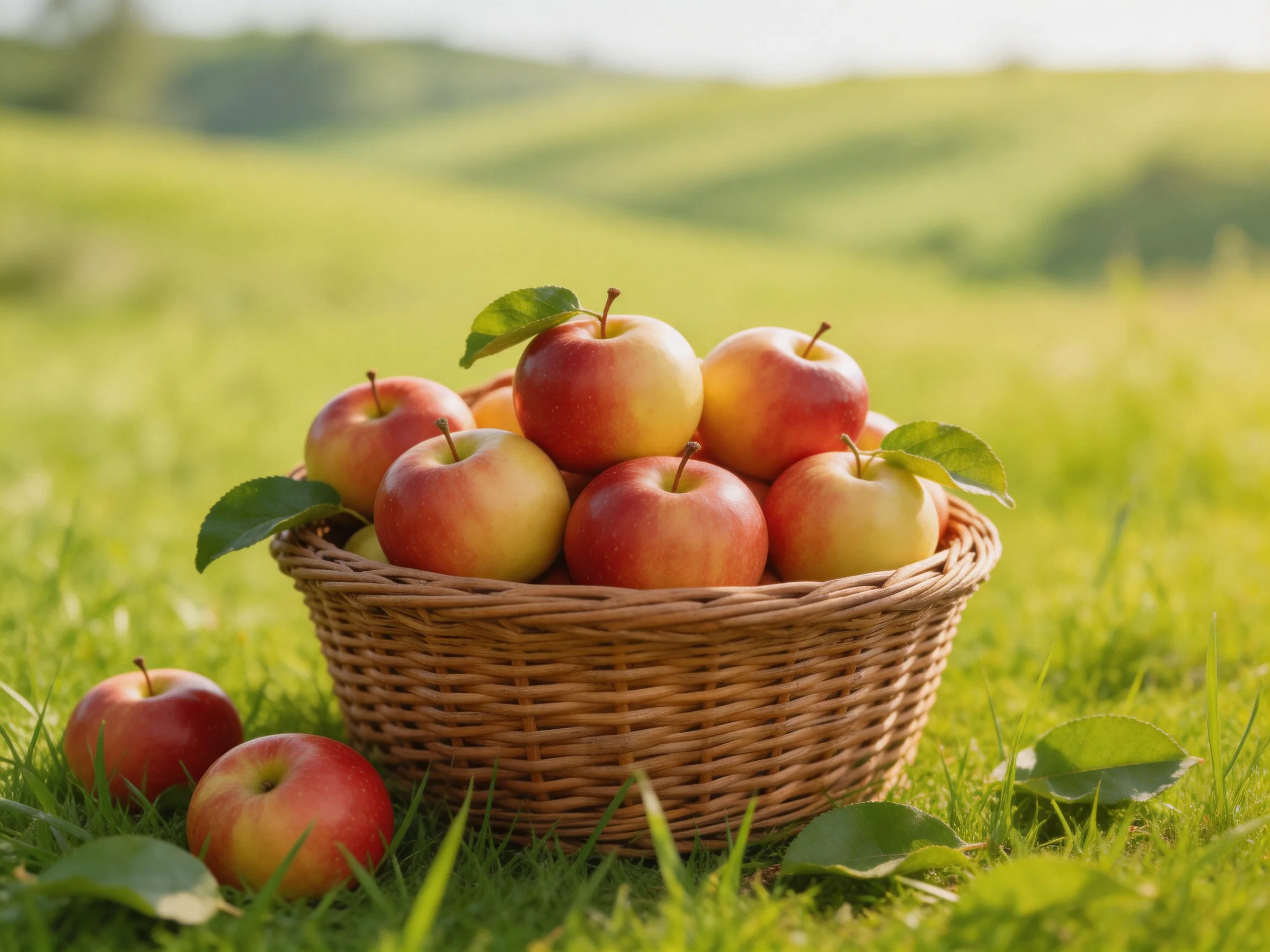 A wicker basket holds vibrant red and yellow apples on a sunlit meadow