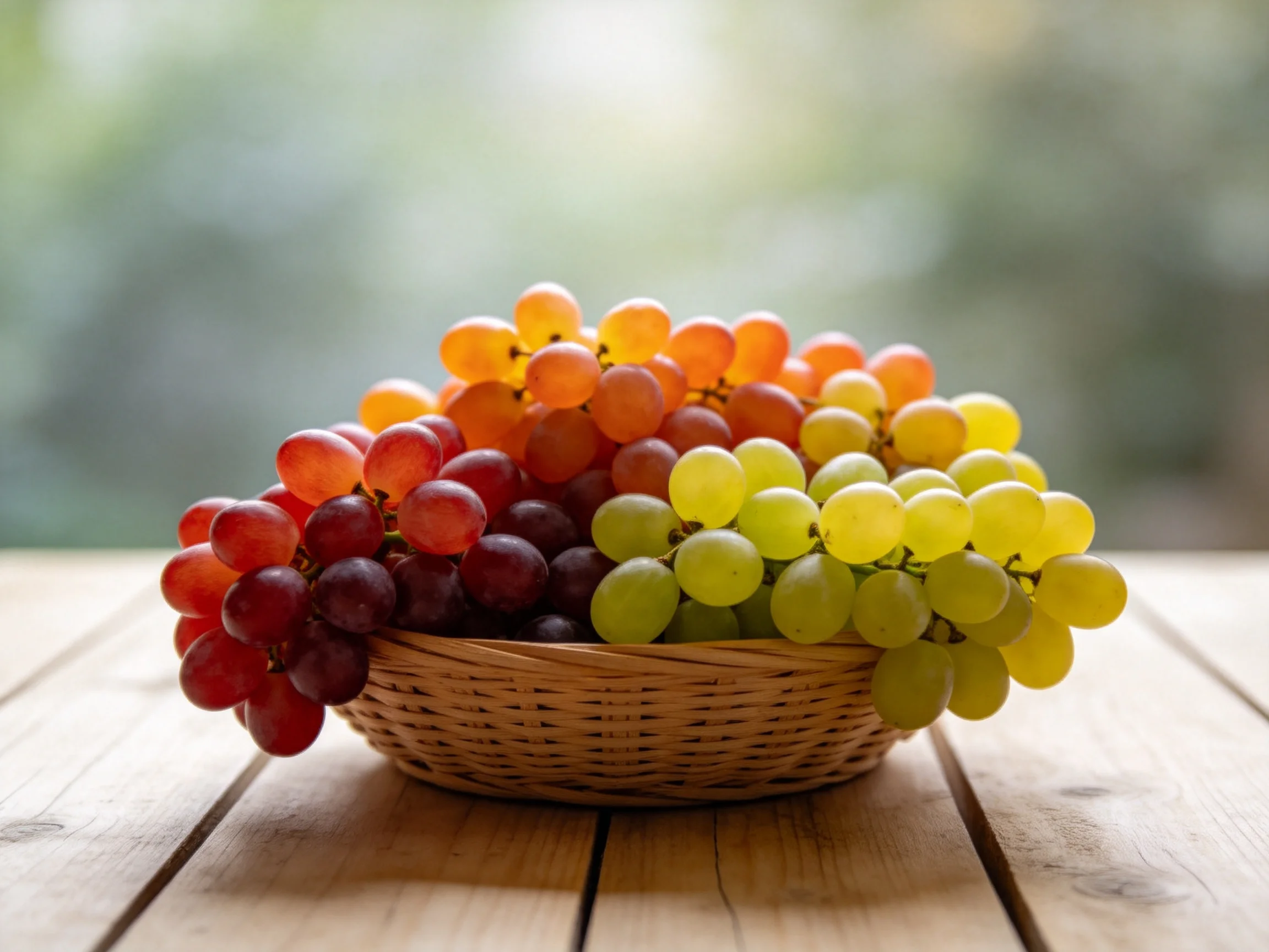 A wicker basket holds vibrant red, orange, and green grapes in abundance.