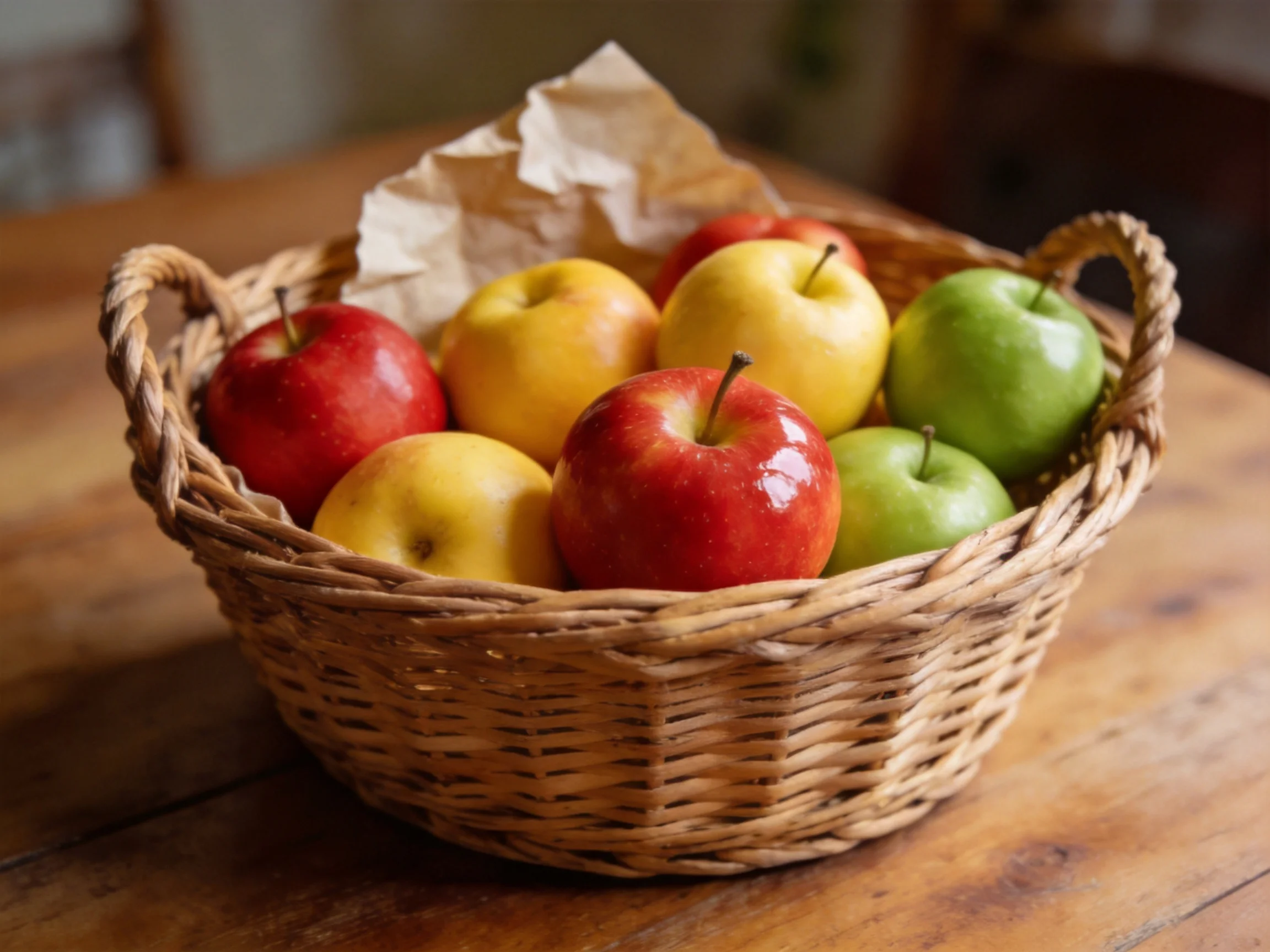 A wicker basket holds vibrant red, yellow, and green apples on a wooden table.
