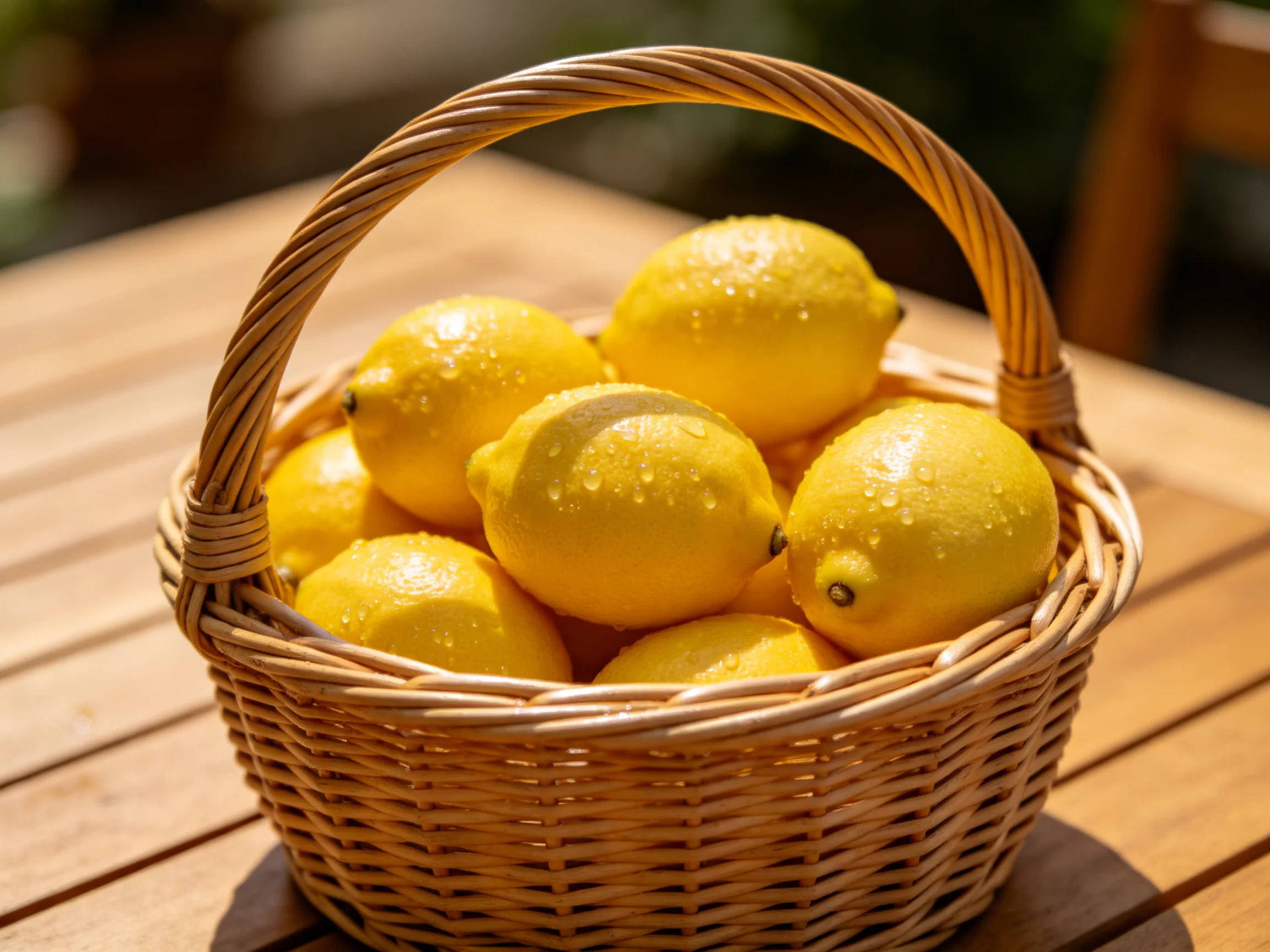 A wicker basket holds vibrant yellow lemons on a wooden table