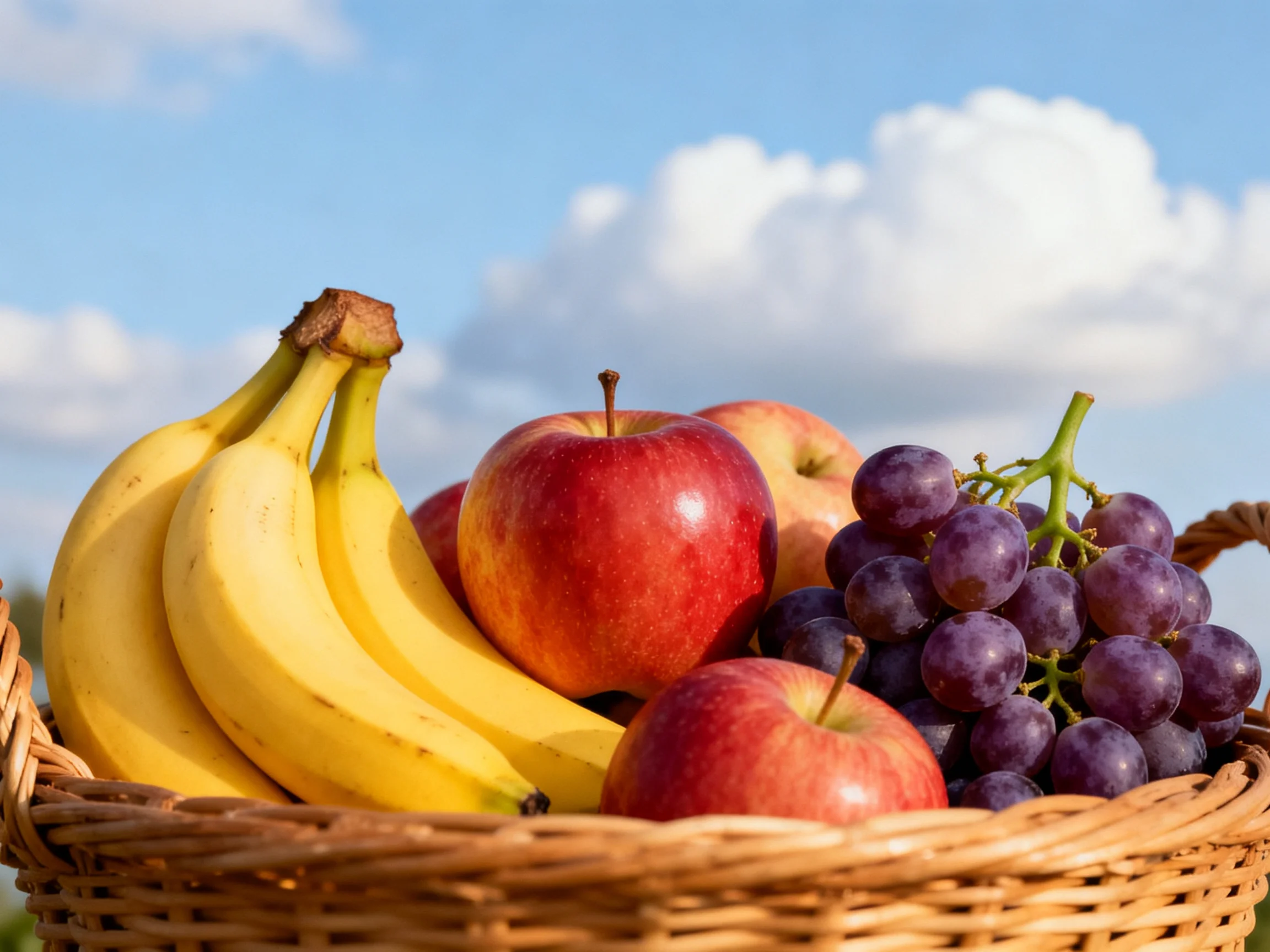 A wicker basket holds yellow bananas, red apples, and purple grapes under a bright sky