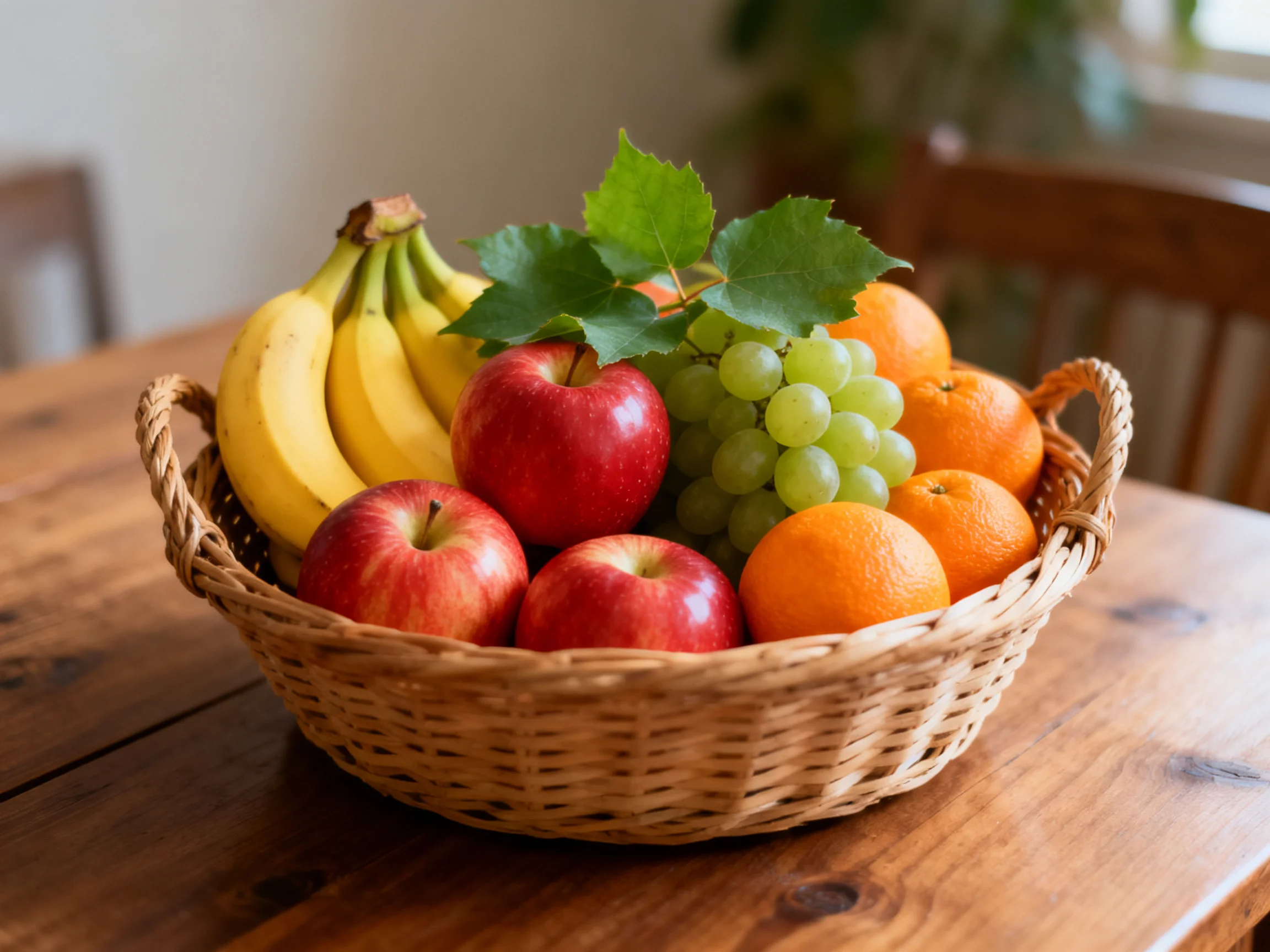 A wicker basket holds yellow bananas, red apples, green grapes, and oranges
