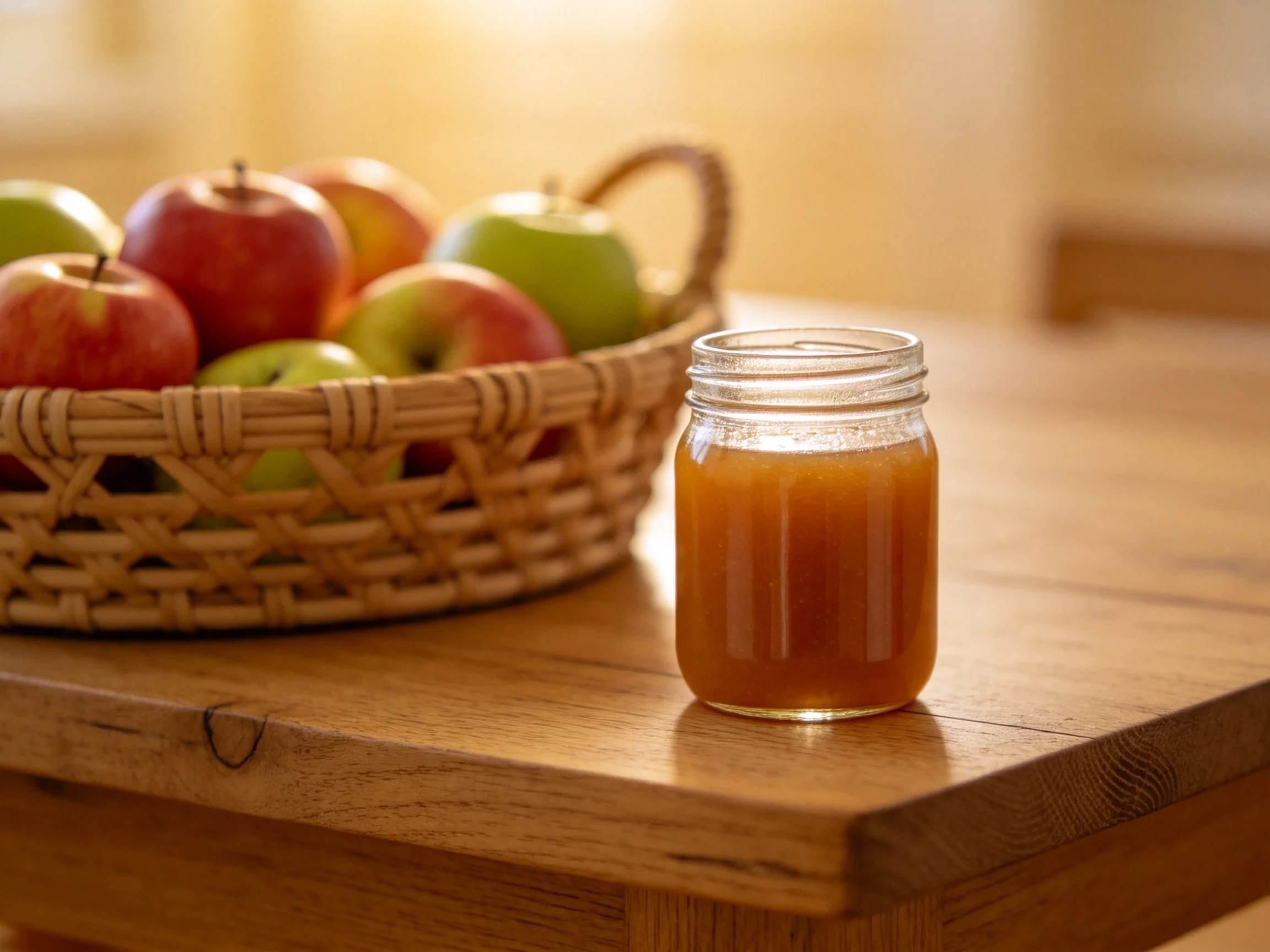 A wicker basket of colorful apples beside a glass jar of amber liquid