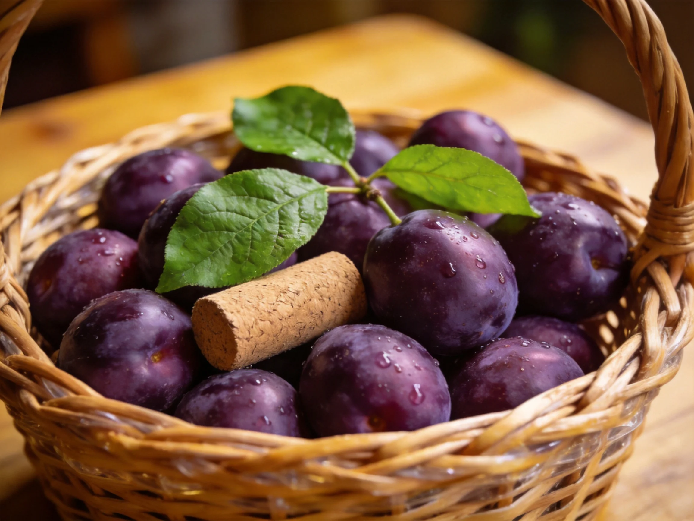 A wicker basket overflowed with dark purple plums, green leaves, and a cork
