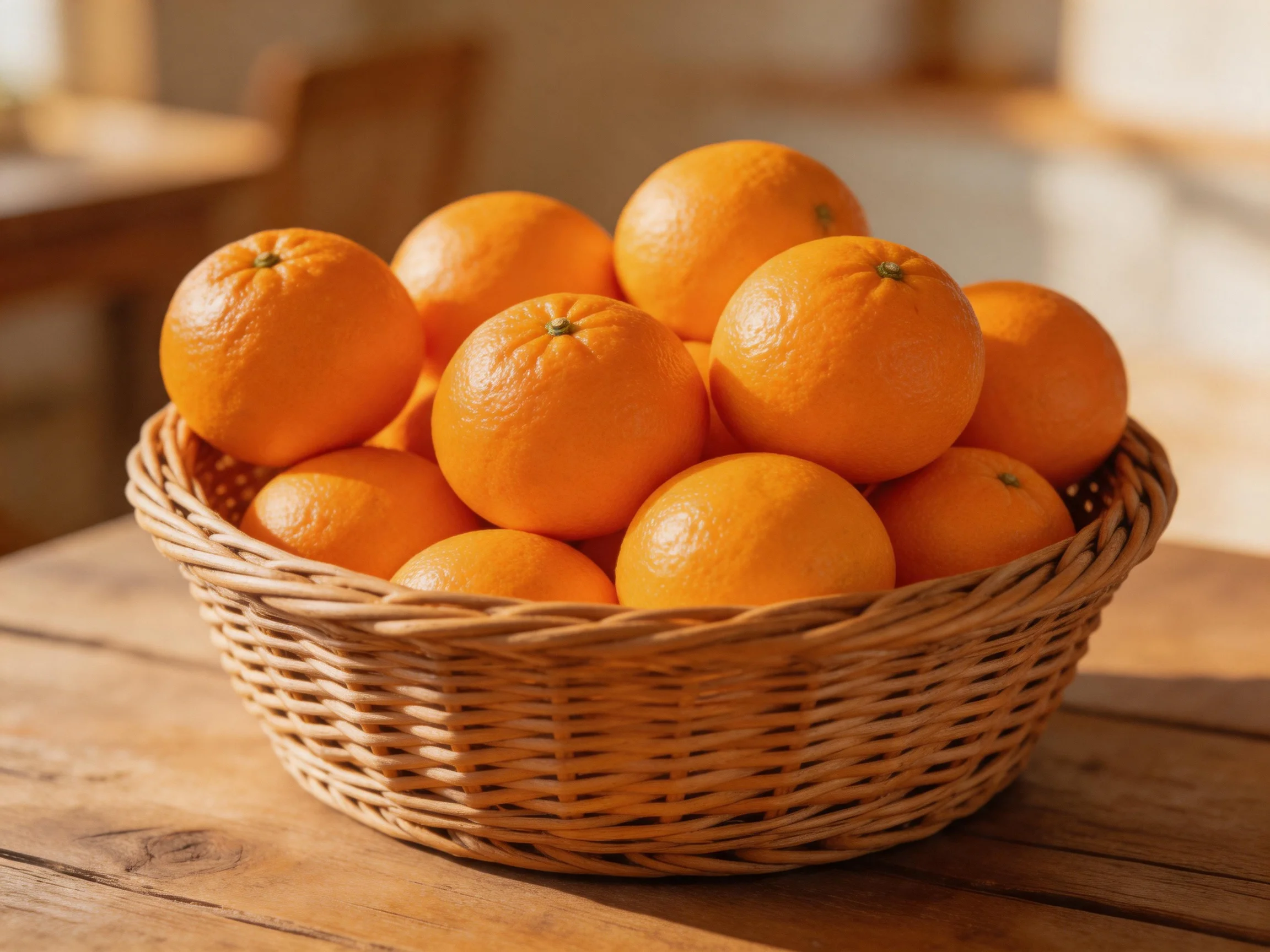 A wicker basket overflowed with plump orange citrus