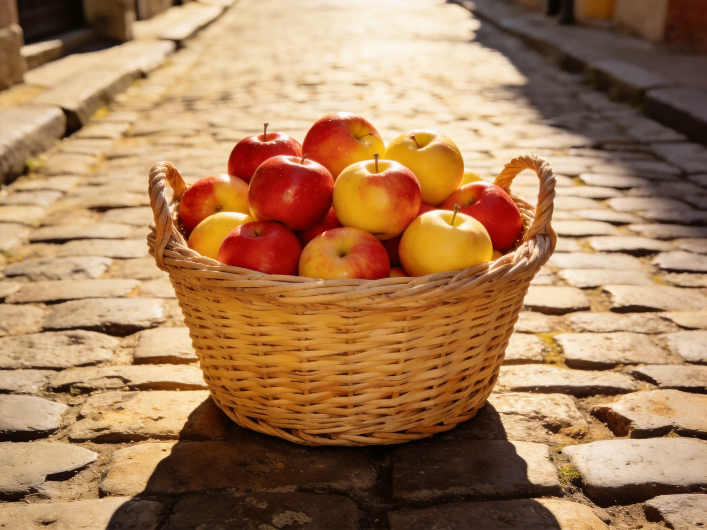 A wicker basket overflowed with red and yellow apples on cobblestone pavement