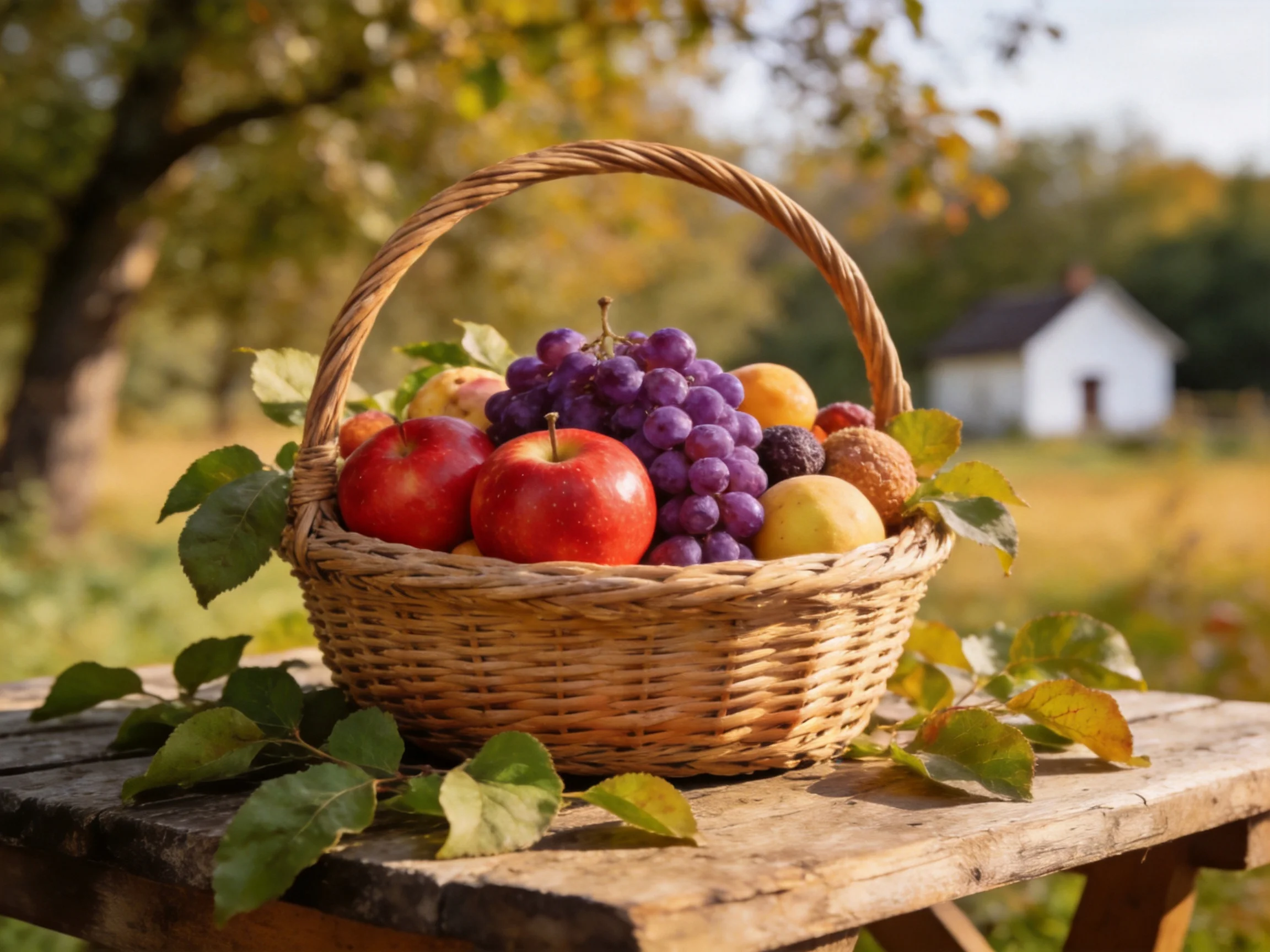 A wicker basket overflowing with assorted fruits sits on a wooden table in a sunlit field.