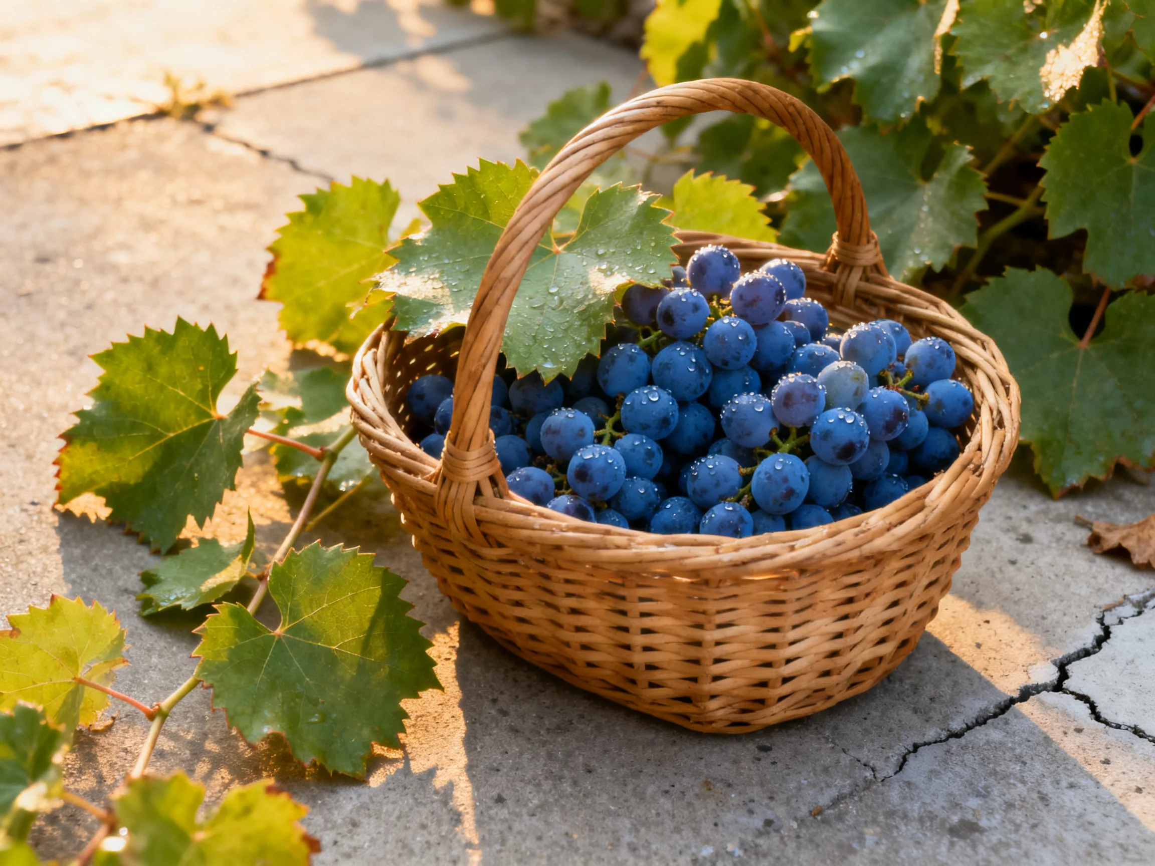 A wicker basket overflowing with blue grapes near grapevines