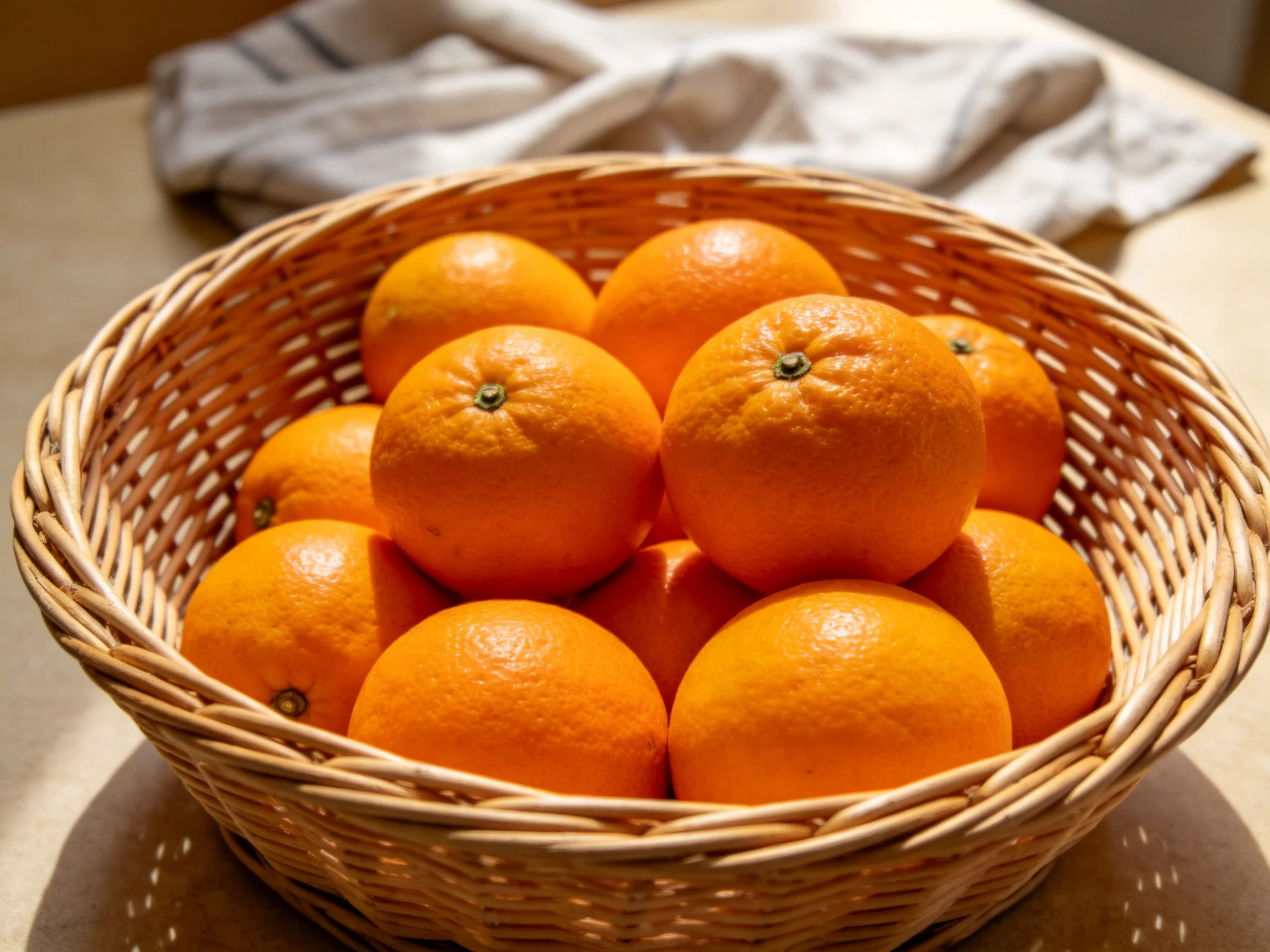 A wicker basket overflowing with bright orange citrus fruits on a wooden table