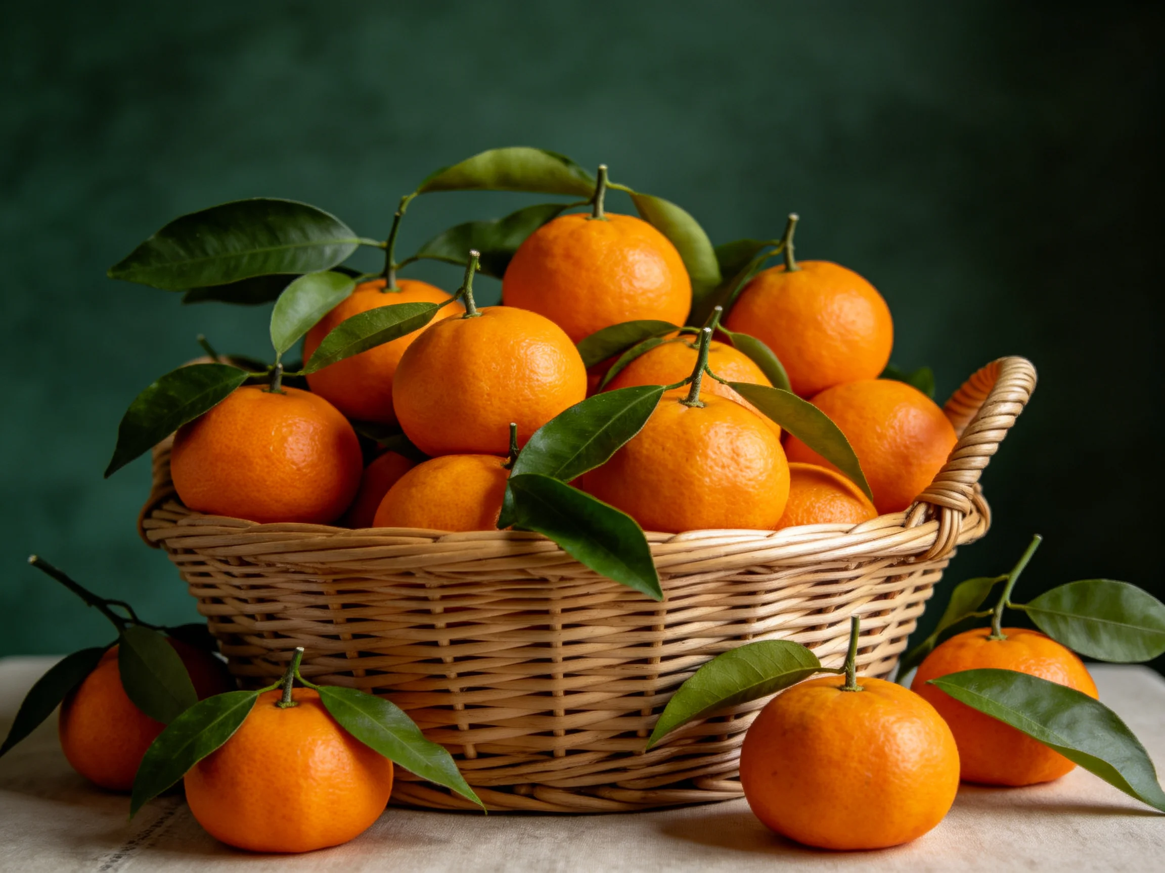 A wicker basket overflowing with bright orange mandarins and green leaves