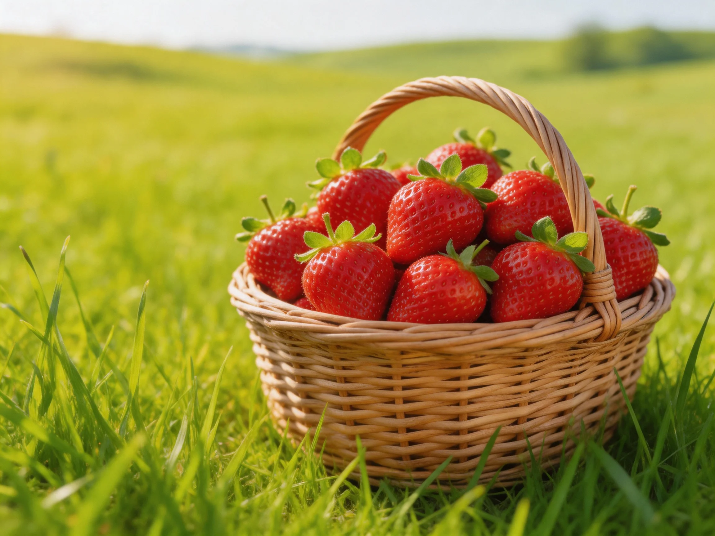 A wicker basket overflowing with bright red strawberries rests in a sunny green meadow