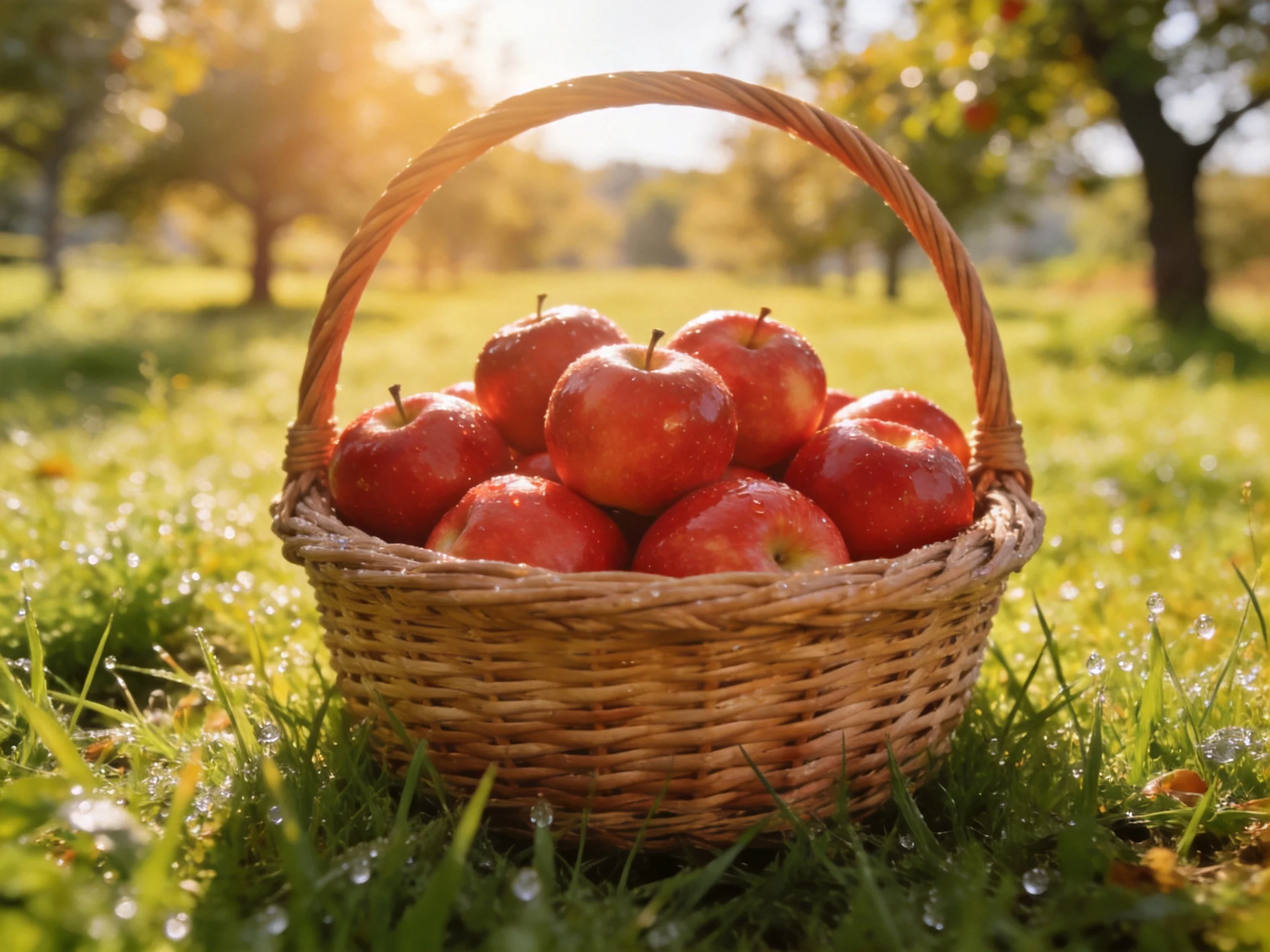 A wicker basket overflowing with glossy red apples in a sunlit orchard