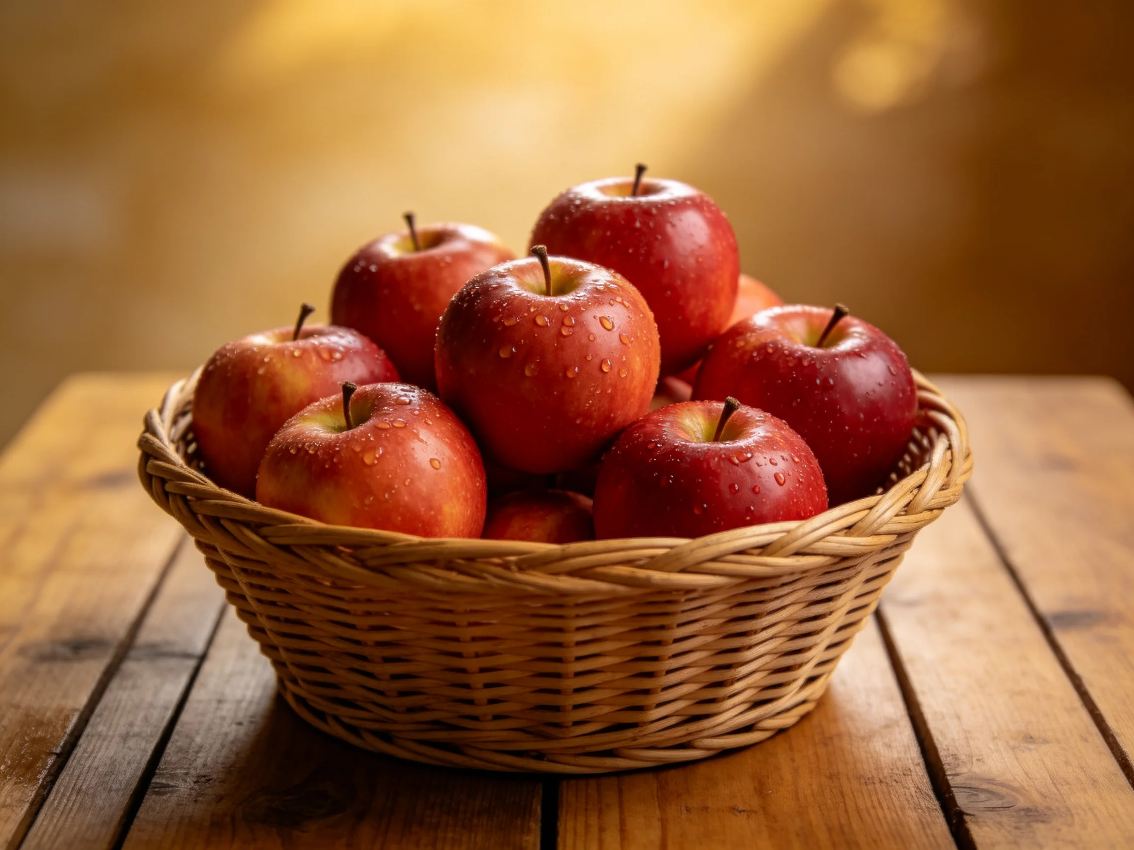 A wicker basket overflowing with glossy red apples on a wooden table