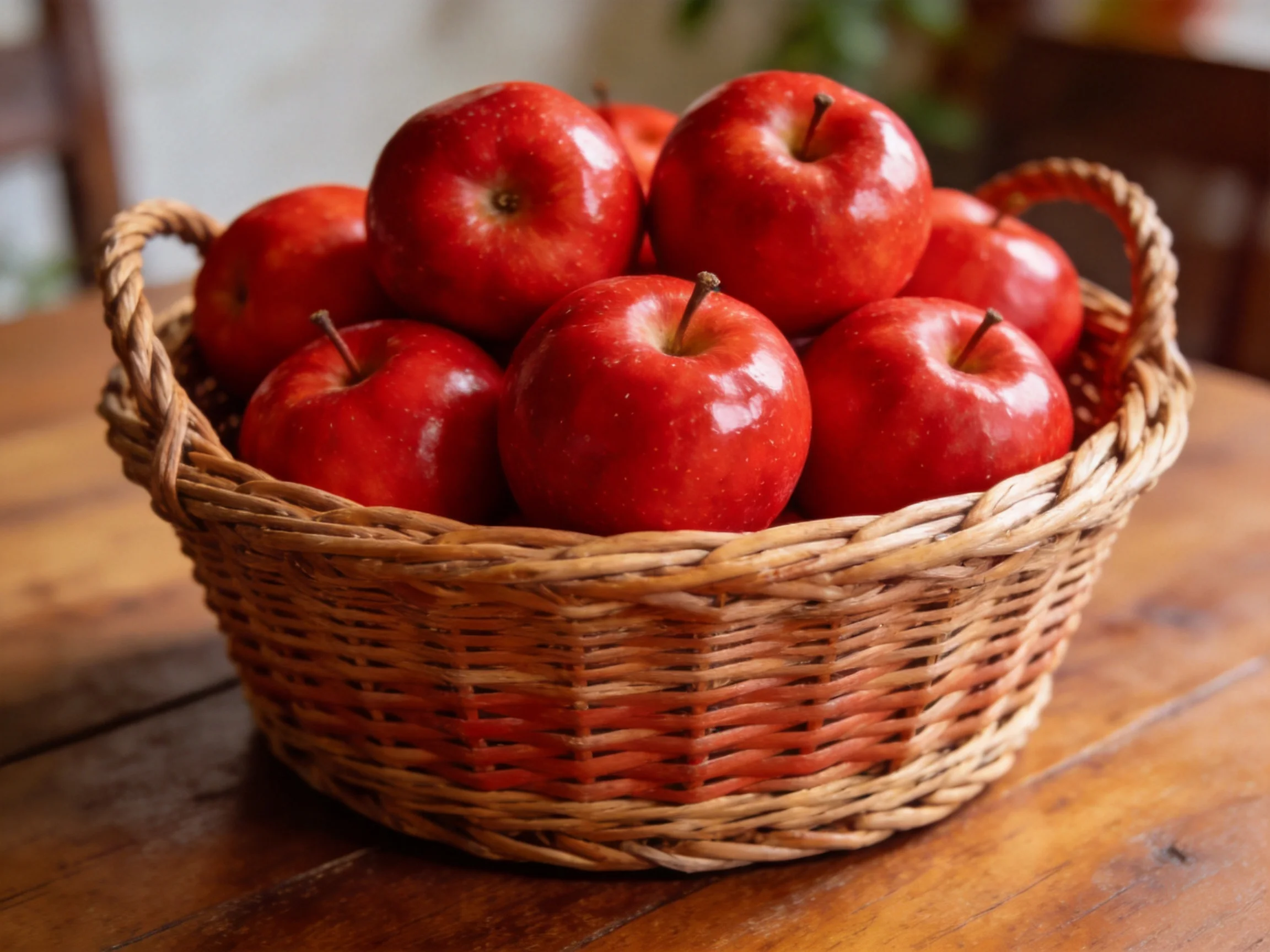 A wicker basket overflowing with glossy red apples on a wooden table