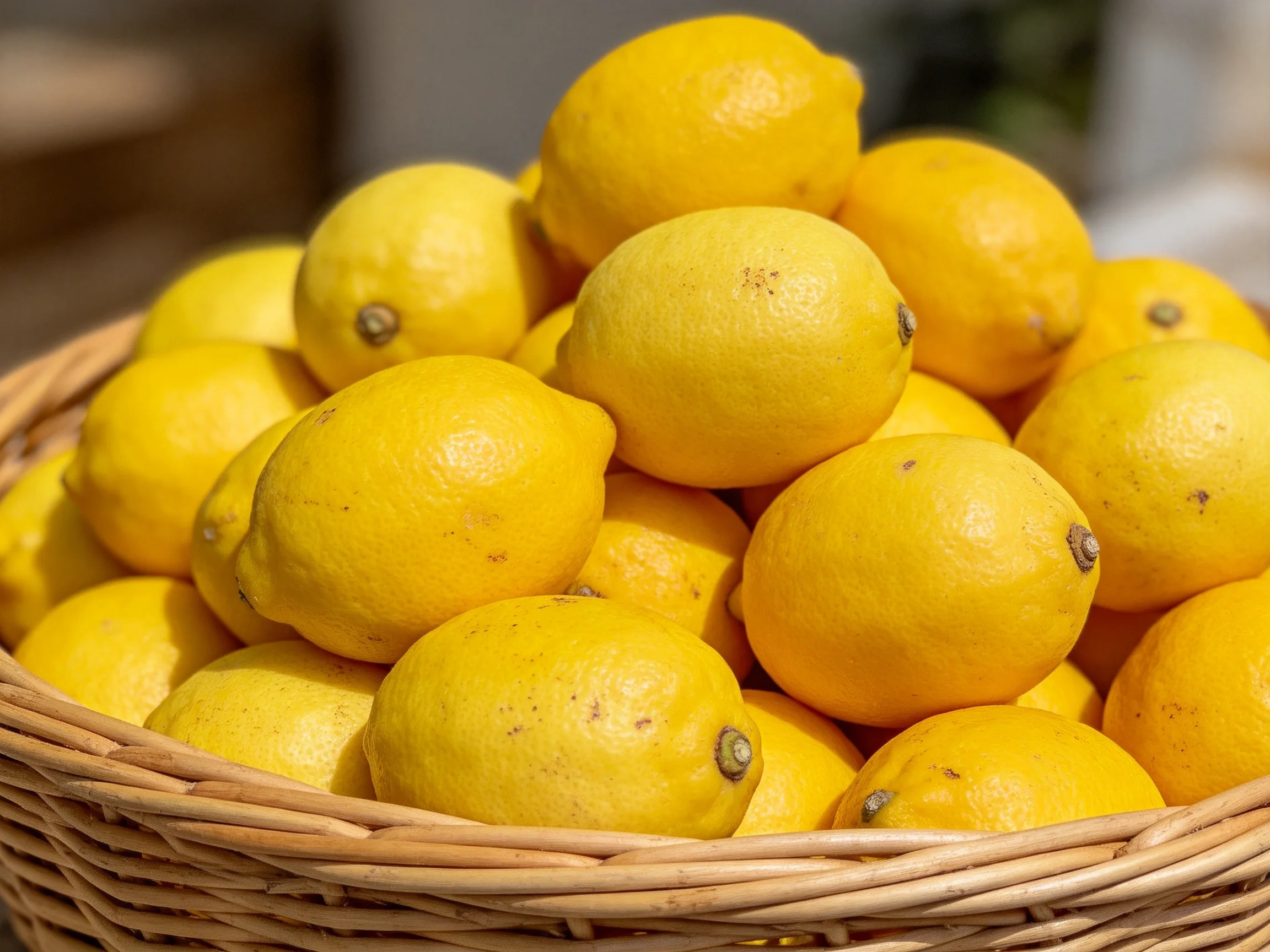 A wicker basket overflowing with numerous bright yellow lemons