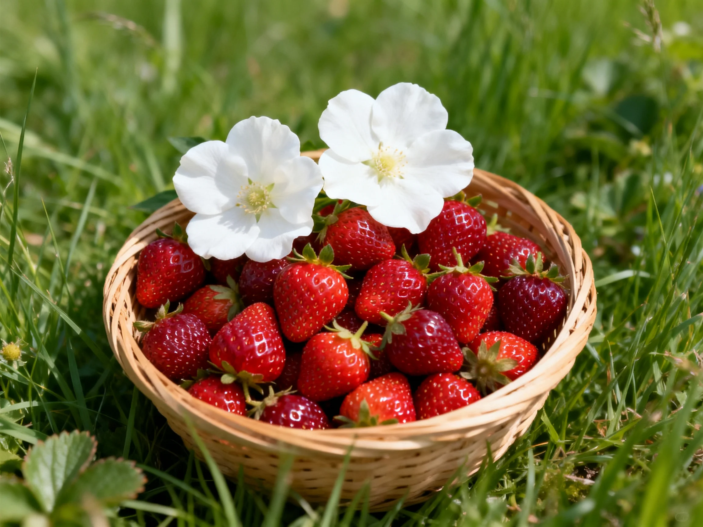 A wicker basket overflowing with red strawberries holds two white flowers on green grass