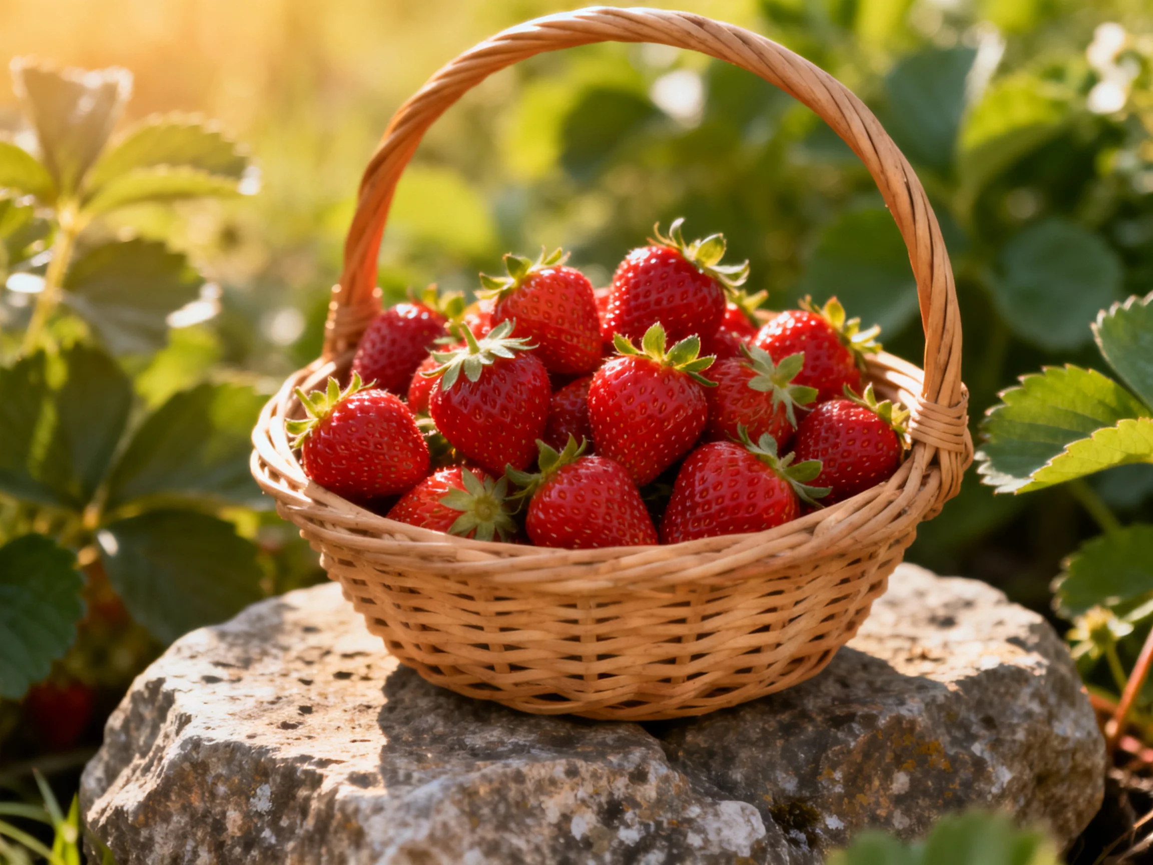 A wicker basket overflowing with red strawberries on a stone