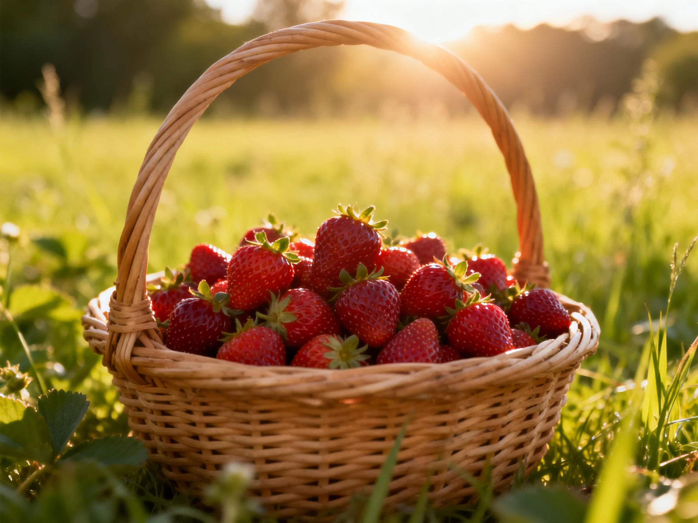 A wicker basket overflowing with ripe strawberries in a sunlit meadow