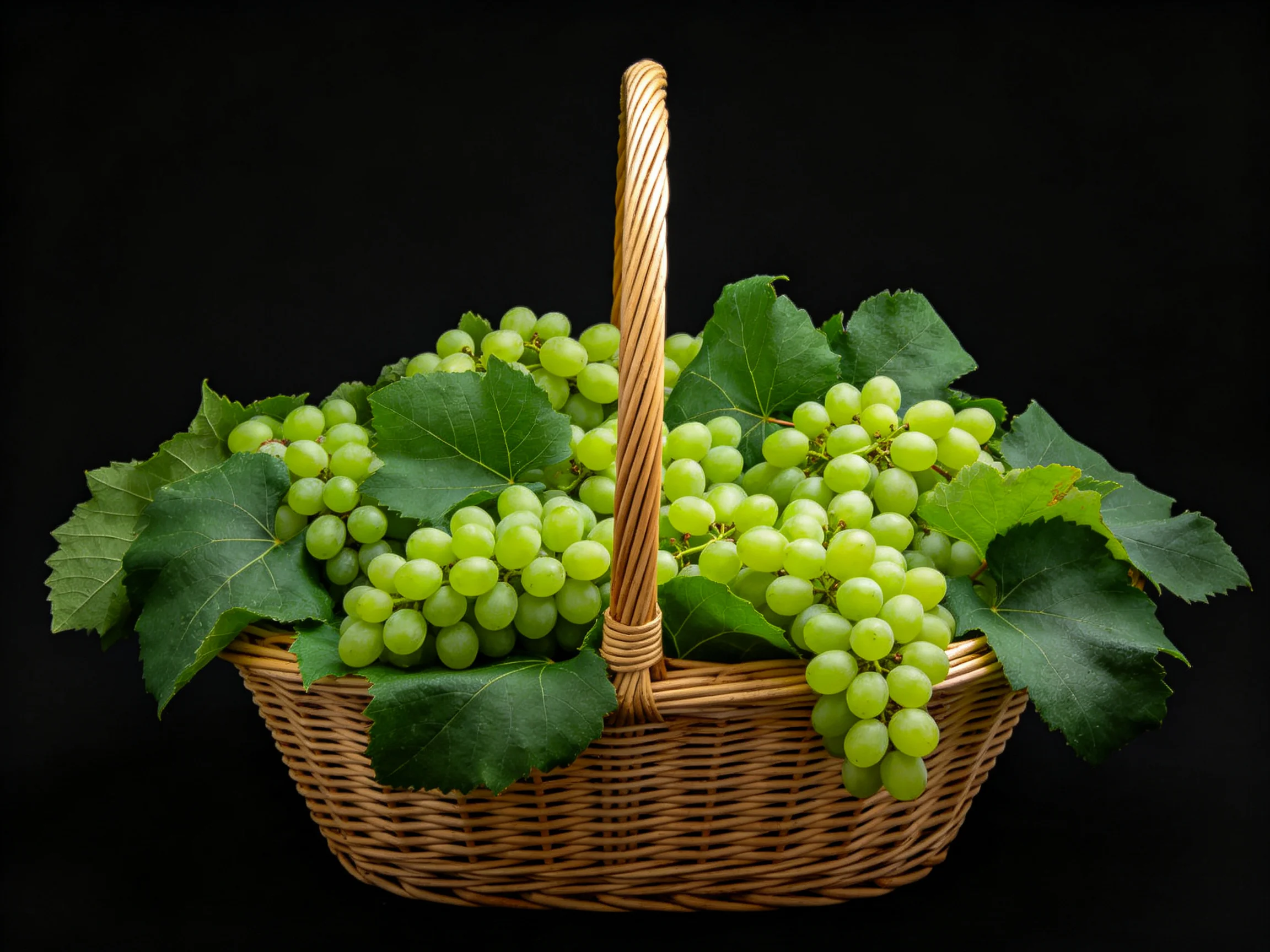 A wicker basket overflowing with vibrant green grapes and lush leaves