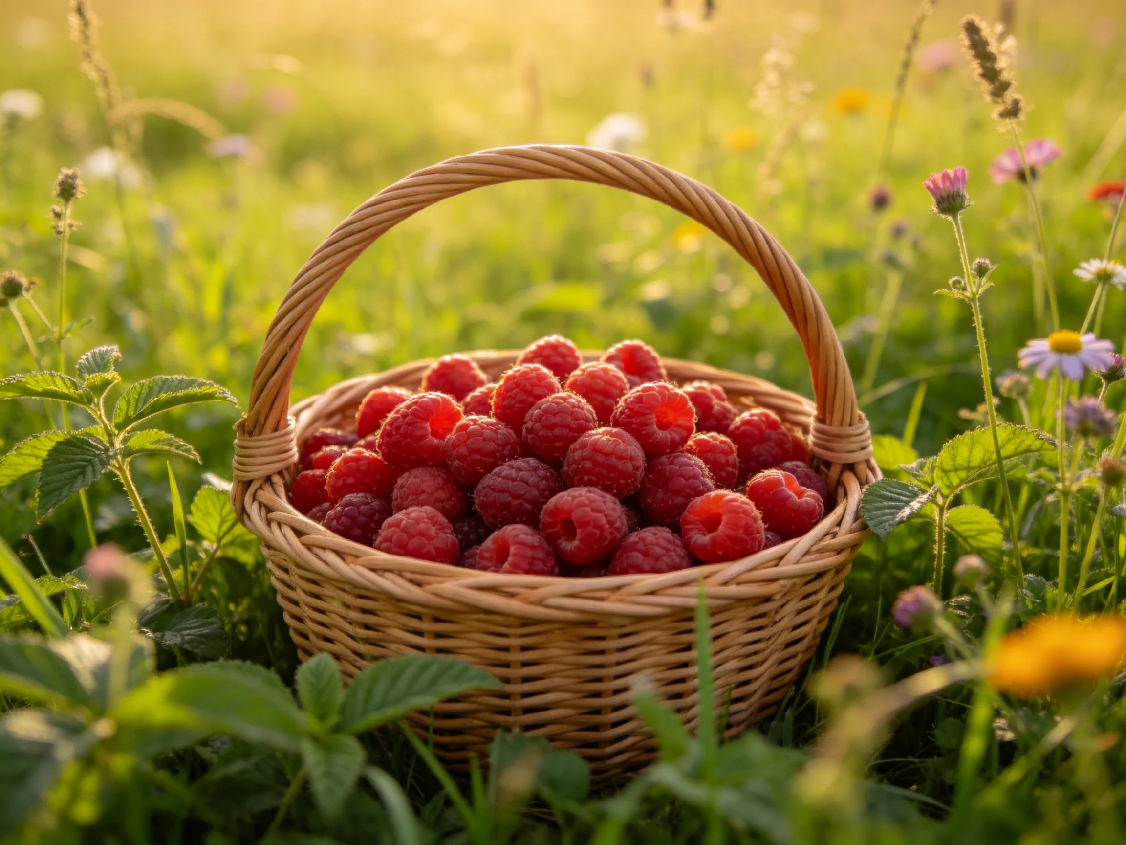 A wicker basket overflowing with vibrant red raspberries in a sunlit meadow