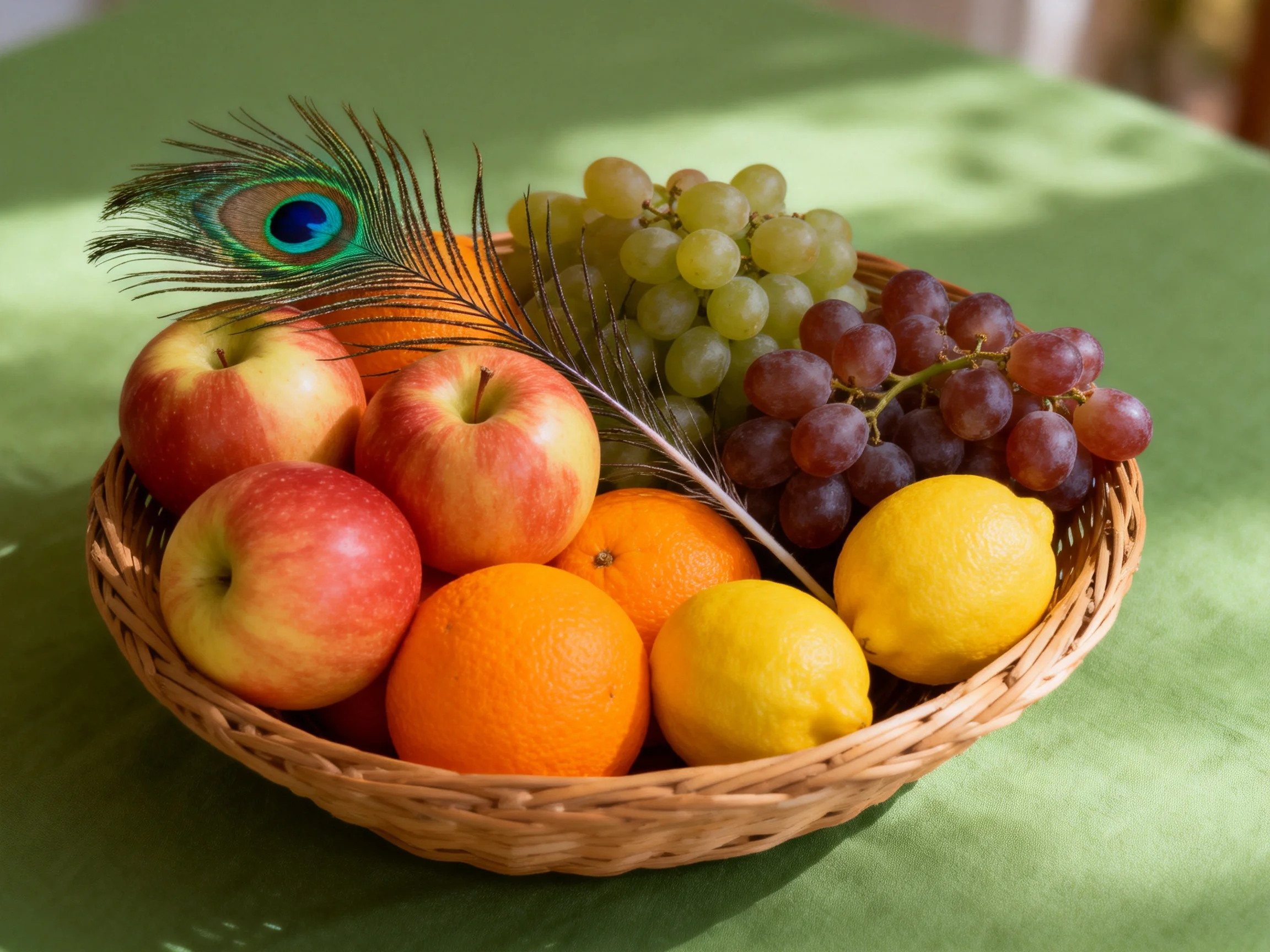 A wicker basket with apples, oranges, lemons, grapes, and a peacock feather