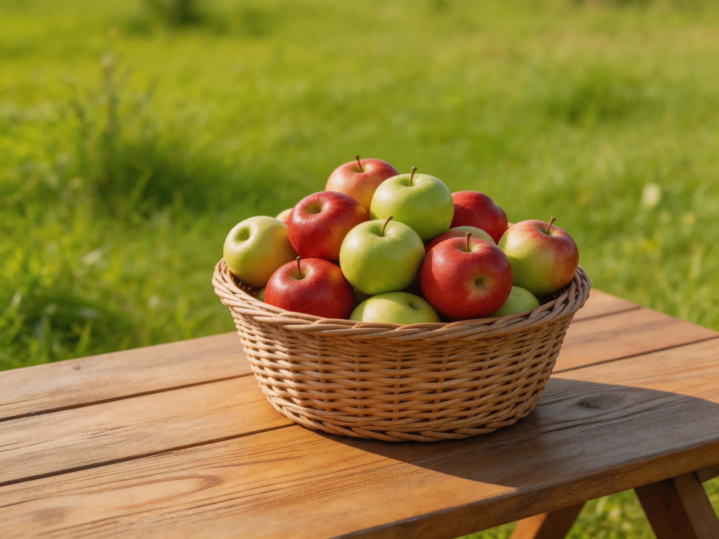 A wicker basket with red and green apples on a wooden table outdoors